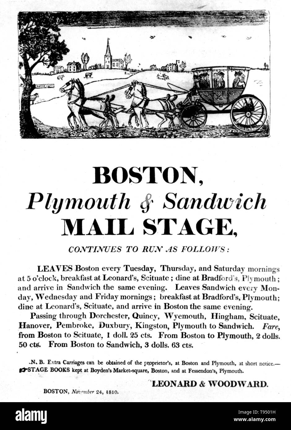 The first mail coaches appeared in the later 18th century carrying passengers and the mails, replacing the earlier post riders on the main roads. Coachmen carried letters, packages and money, often transacting business or delivering messages for their customers. By 1829 Boston was the hub of 77 stagecoach lines; by 1832 there were 106. The United States Mail traces its roots to 1775 during the Second Continental Congress, where Benjamin Franklin was appointed the first postmaster general. Stock Photo