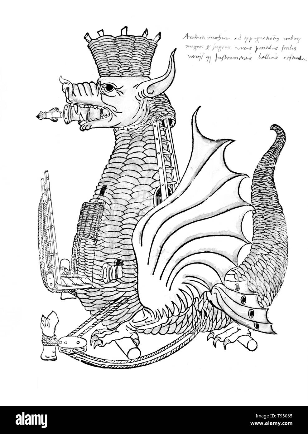 Dragon-shaped, mobile fortress equipped cannons and capable of carrying troops, with a ladder device mounted on the front used for scaling walls or as a bridge during siege warfare. Roberto Valturio, 1472. Roberto Valturio (1405-1475) was an Italian engineer and writer. He was the author of the military treatise De Re militari (1472). Stock Photo