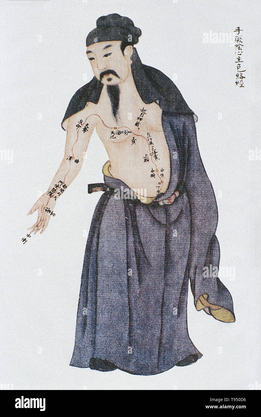Illustration showing the pericardium (xinbao, lit. Heart Envelope) channel of arm jueyin from Renti jingmai tu (Illustrations of the Channels of the Human Body), a manuscript text executed during the Kangxi reign period of the Qing dynasty (1662-1722). Acupuncture is a form of alternative medicine in which thin needles are inserted into the body. It is a key component of traditional Chinese medicine (TCM). Stock Photo