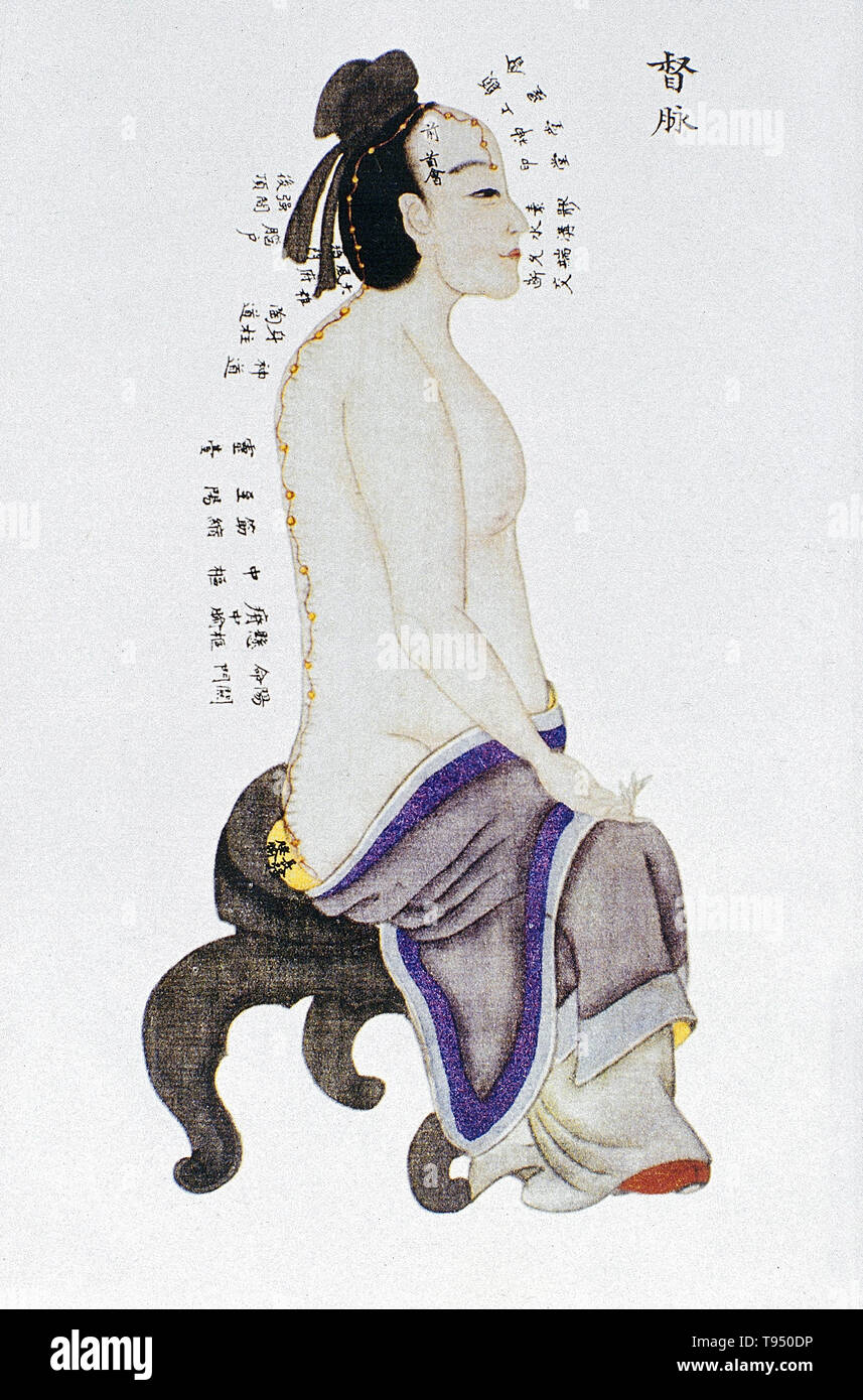 Illustration showing dumai (the Governor Vessel) from Renti jingmai tu (Illustrations of the Channels of the Human Body), a manuscript text executed during the Kangxi reign period of the Qing dynasty (1662-1722). Acupuncture is a form of alternative medicine in which thin needles are inserted into the body. It is a key component of traditional Chinese medicine (TCM). TCM theory and practice are not based upon scientific knowledge, and acupuncture is a pseudoscience. Stock Photo