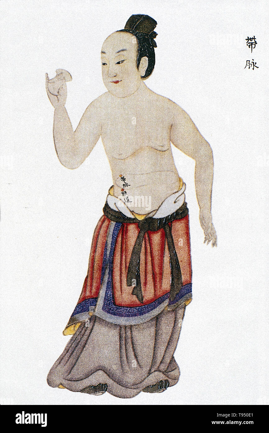 Illustration showing daimai (the Belt Vessel) from Renti jingmai tu (Illustrations of the Channels of the Human Body), a manuscript text executed during the Kangxi reign period of the Qing dynasty (1662-1722). Acupuncture is a form of alternative medicine in which thin needles are inserted into the body. It is a key component of traditional Chinese medicine (TCM). TCM theory and practice are not based upon scientific knowledge, and acupuncture is a pseudoscience. Stock Photo