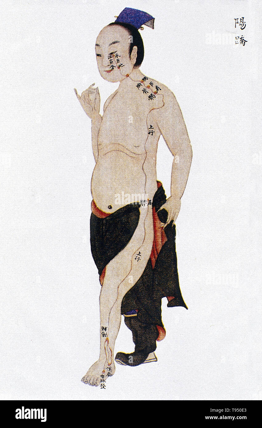 Illustration showing the yangqiao (Yang Heel) channel from Renti jingmai tu (Illustrations of the Channels of the Human Body), a manuscript text executed during the Kangxi reign period of the Qing dynasty (1662-1722). Acupuncture is a form of alternative medicine in which thin needles are inserted into the body. It is a key component of traditional Chinese medicine (TCM). TCM theory and practice are not based upon scientific knowledge, and acupuncture is a pseudoscience. Stock Photo