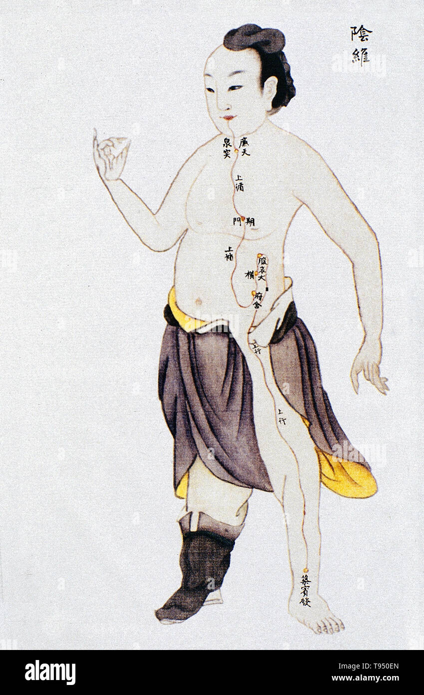 Illustration showing the yinwei (Yin Link) channel from Renti jingmai tu (Illustrations of the Channels of the Human Body), a manuscript text executed during the Kangxi reign period of the Qing dynasty (1662-1722). Acupuncture is a form of alternative medicine in which thin needles are inserted into the body. It is a key component of traditional Chinese medicine (TCM). TCM theory and practice are not based upon scientific knowledge, and acupuncture is a pseudoscience. Stock Photo