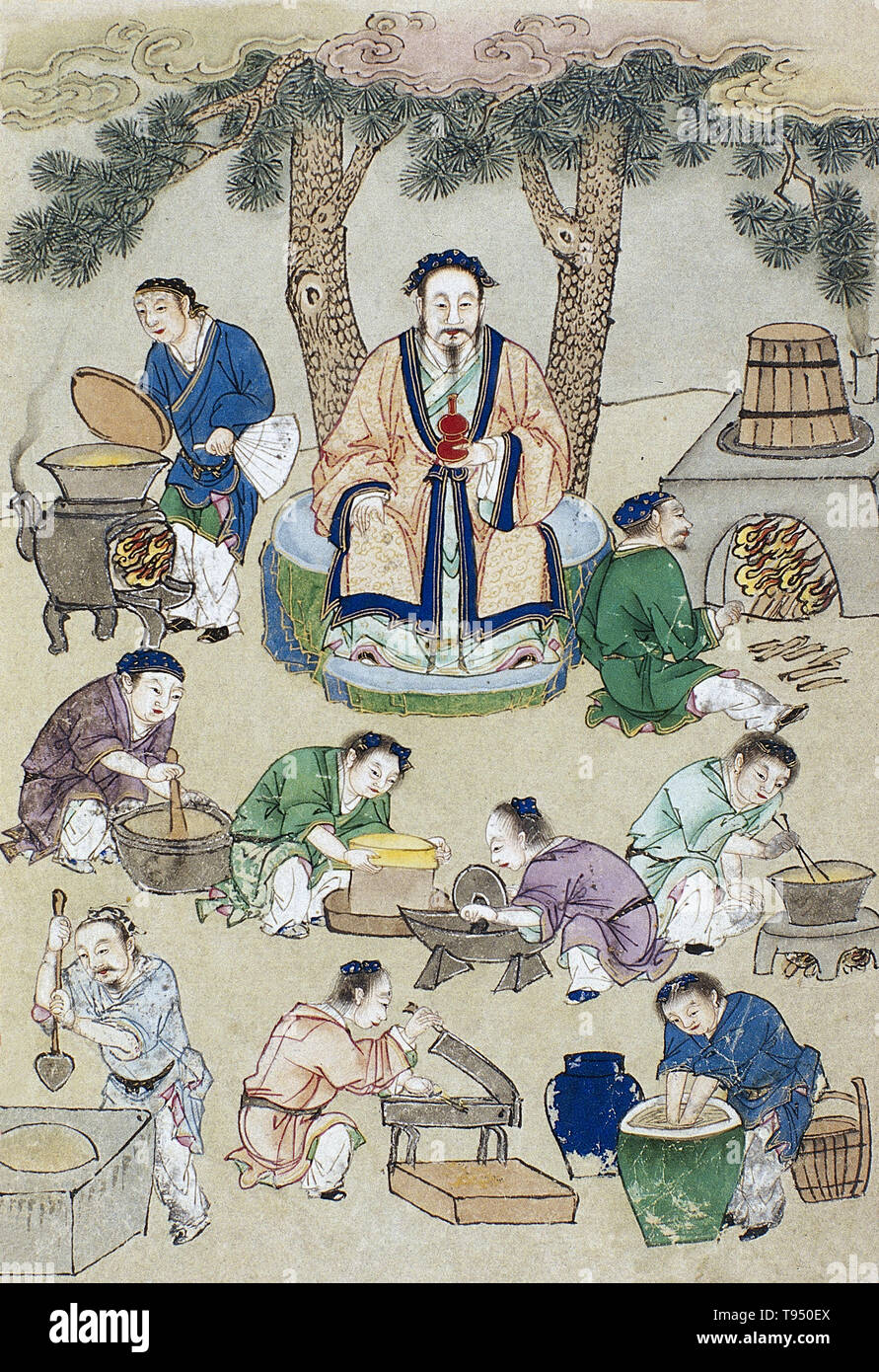 Lei Gong preparing medicines, from Buyi Lei Gong paozhi bianlan (Supplement to Lei Gong's Guide to the Preparation of Drugs), edition of 1591. Lei Gong is shown teaching humankind how to prepare drugs. We see him seated in the center of the composition, holding a medicine gourd in his left hand, in front of a backdrop of pine trees and auspicious cloud formations. The rest of the picture shows typical scenes of drug preparation in antiquity. Stock Photo