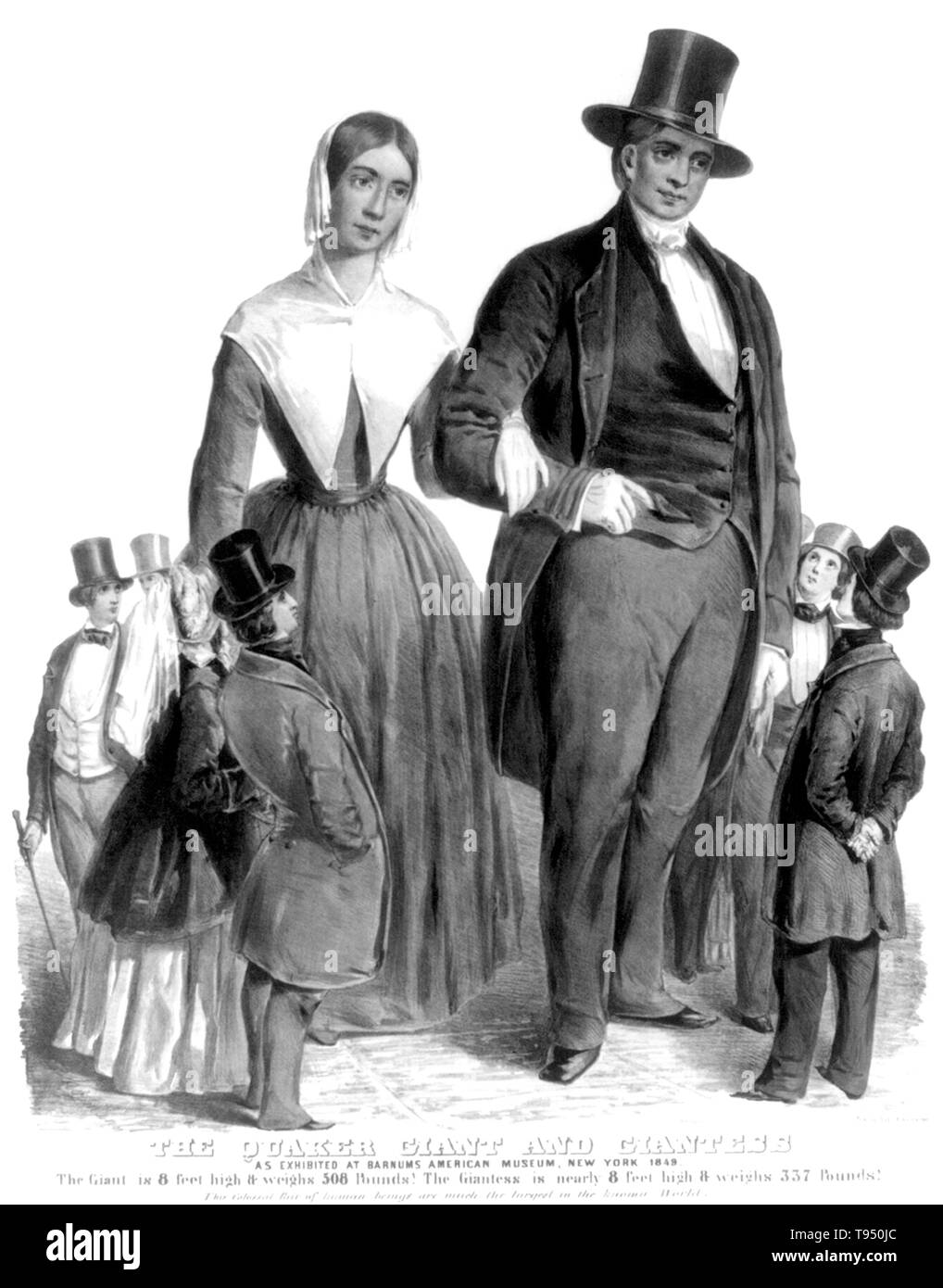 Entitled: 'The Quaker giant and giantess. As exhibited at Barnum's American museum.' Robert Hales (May 2, 1820 - 1863) was an English sideshow performer know as The Norfolk Giant. He grew to a height of 7 feet 8 inches, was said to be over 450 pounds with a chest measurment of 64 inches. At the age of 13 he joined the navy, but when he was 17 years old he became to big. Hales started to exhibit himself at fairs and shows throughout the country. Stock Photo