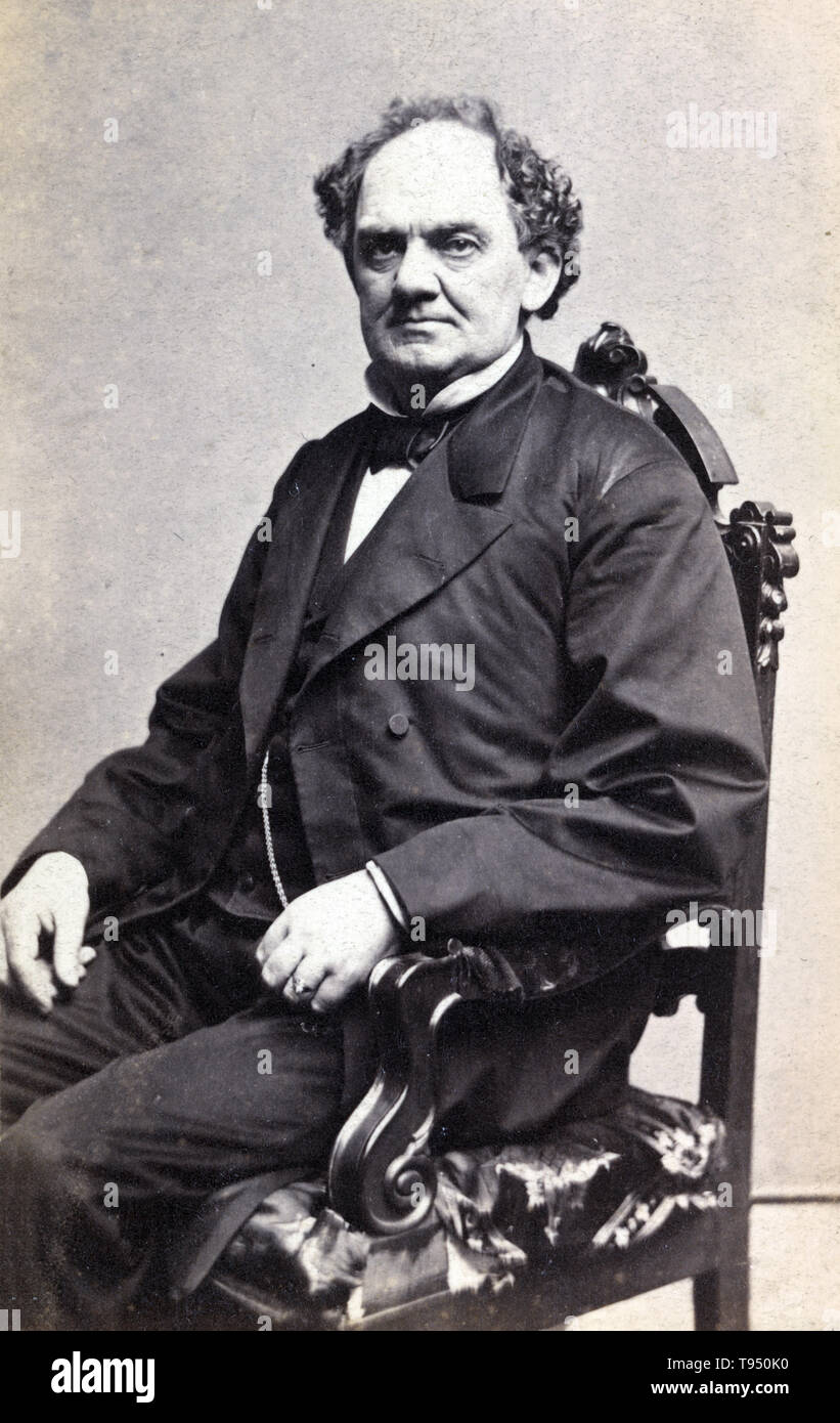 Phineas Taylor 'P. T.' Barnum (July 5, 1810 - April 7, 1891) was an American politician, showman, and businessman remembered for promoting celebrated hoaxes and for founding the Barnum & Bailey Circus. He was also an author, publisher, and philanthropist. He purchased Scudder's American Museum, at Broadway and Ann Street, NYC, in 1841. Renamed 'Barnum's American Museum,' he upgraded the building, added exhibits, and it became a popular showplace. Stock Photo