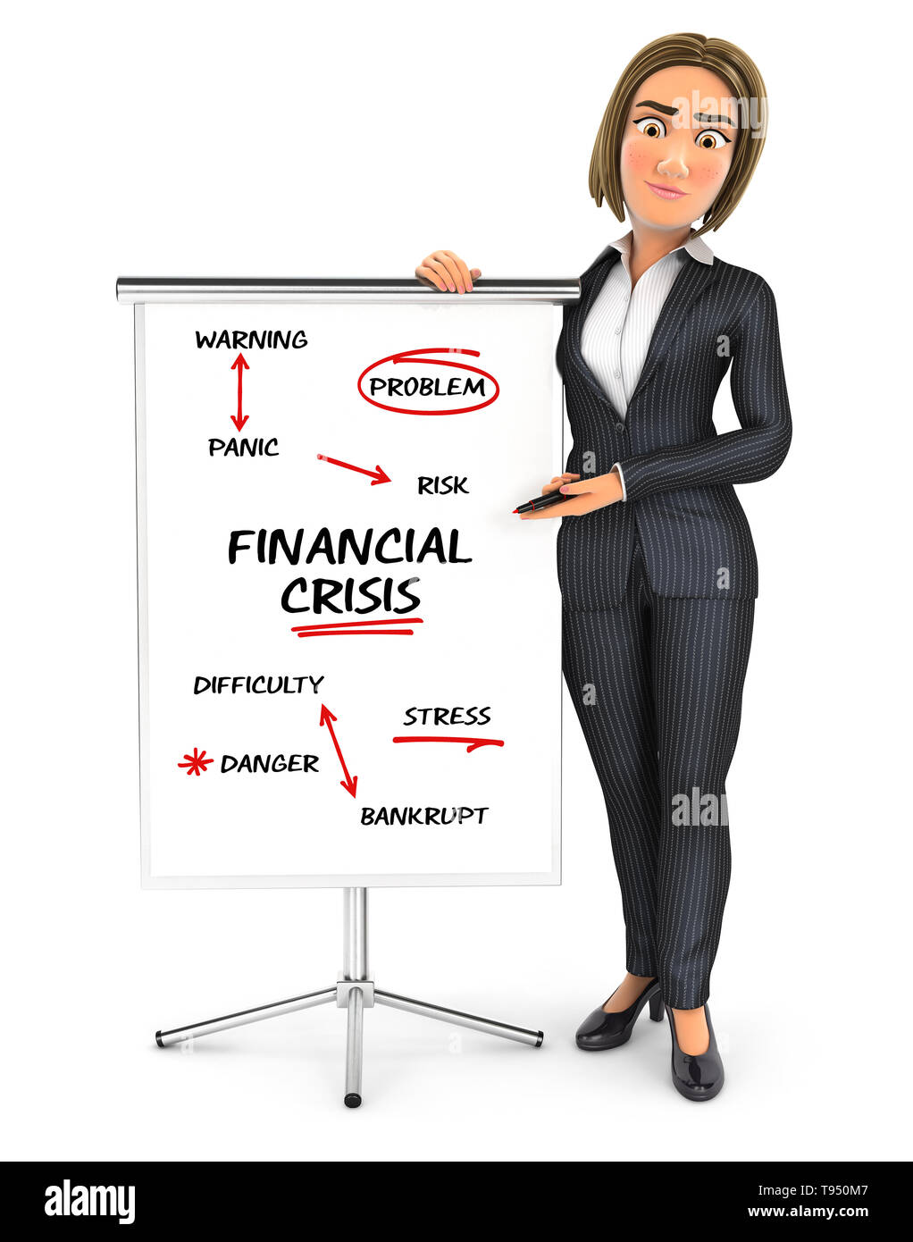 3d business woman writing financial crisis on paperboard, illustration with isolated white background Stock Photo