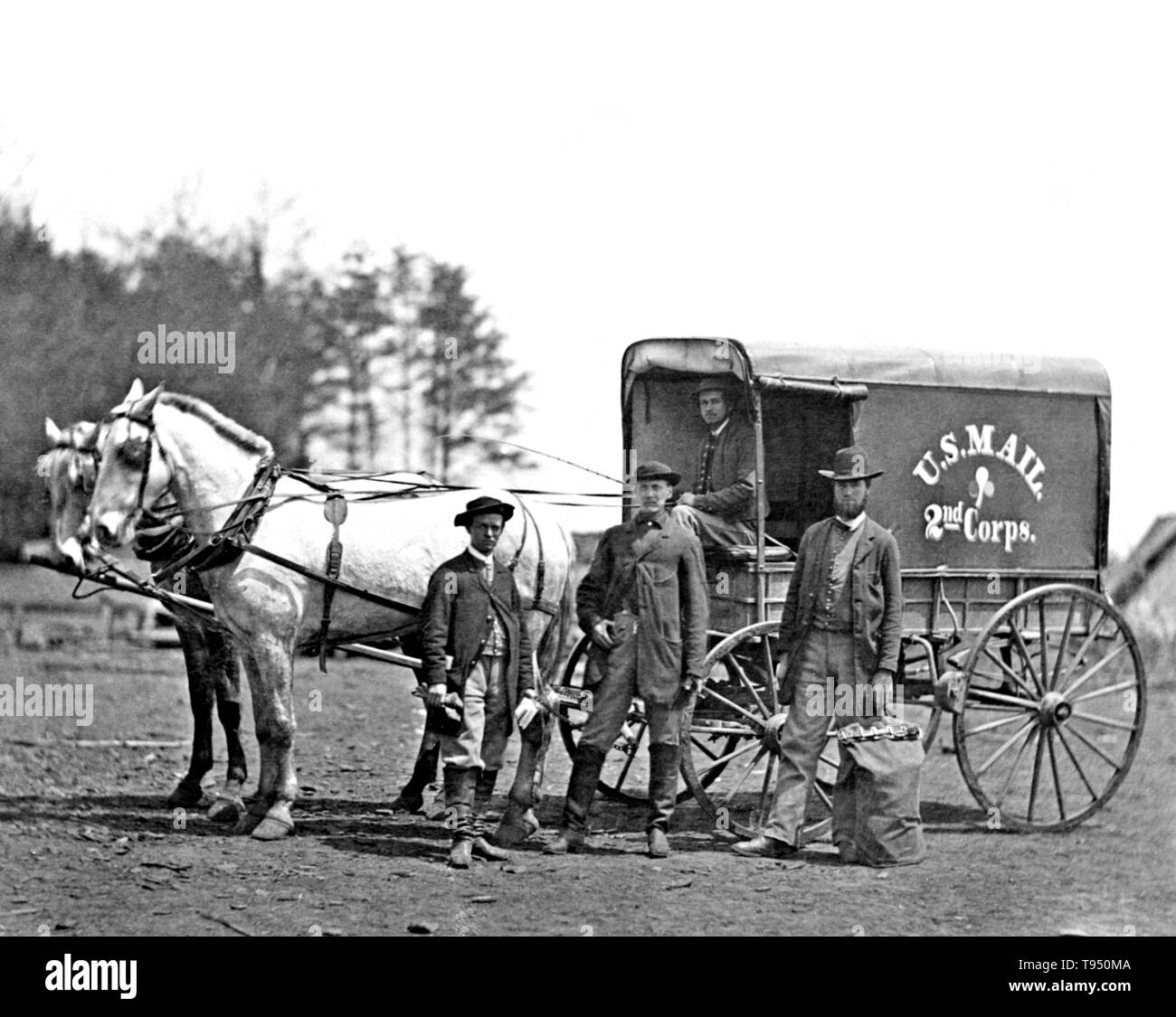 Entitled: 'Second Corps mail wagon, Brandy Station, Virginia. Mail was a treasured link between Civil War camps and battlefields and back home. Recognizing its importance to morale, the armies assigned personnel to collect, distribute, and deliver soldiers' mail; wagons and tents served as traveling Post Offices. The Confederacy established its own Post Office Department in February 1861, two months before the start of the war. Stock Photo