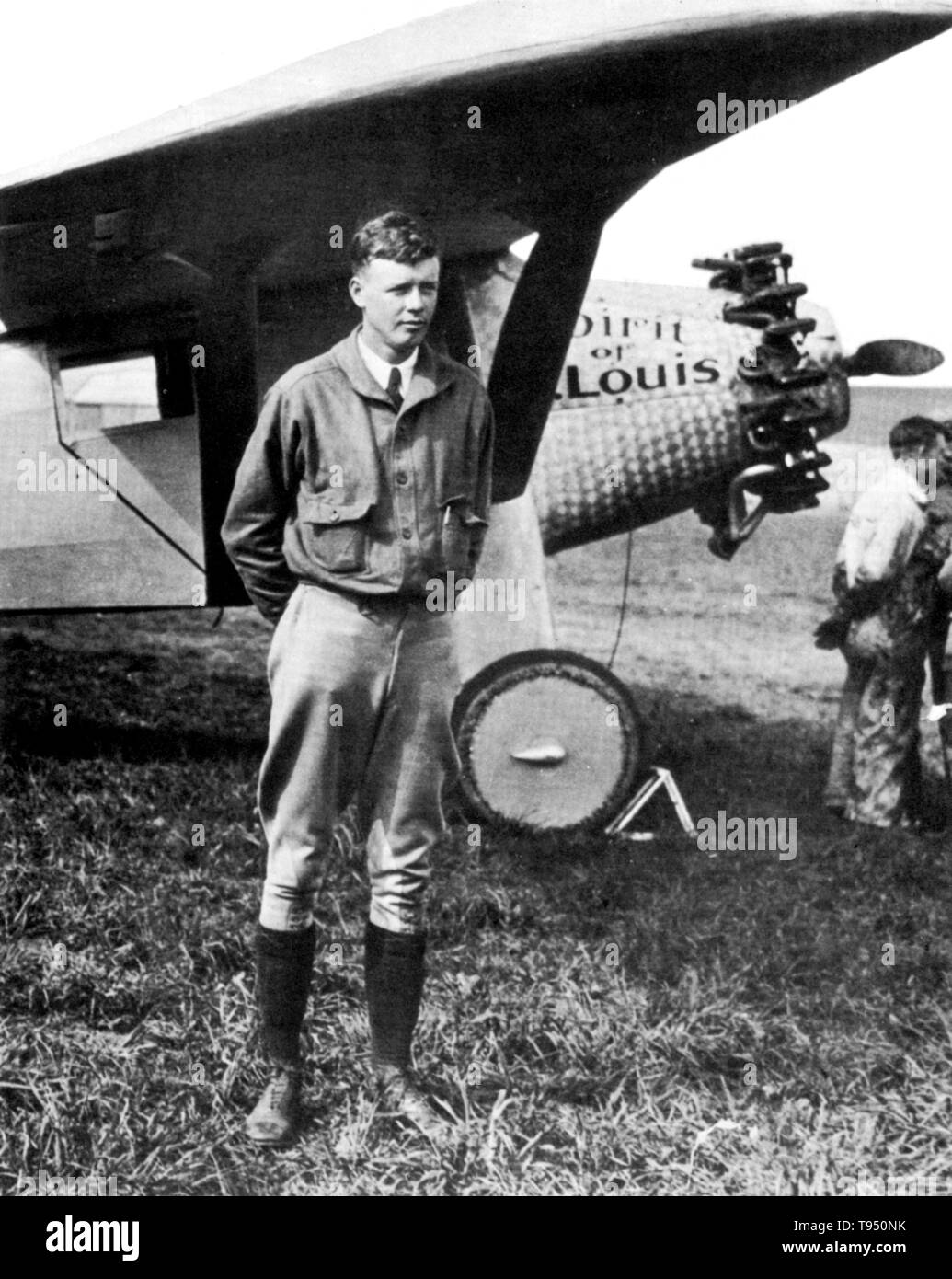 Charles Augustus Lindbergh (February 4, 1902 - August 26, 1974) was an American aviator, author, inventor, and social activist. He gained world fame for his solo non-stop flight on May 20-21, 1927, from Roosevelt Field, Long Island to Le Bourget Field in Paris, nearly 3,600 statute miles, in the single-seat, single-engine purpose built Ryan monoplane Spirit of St. Louis. He was awarded the Medal of Honor for his historic exploit. Stock Photo