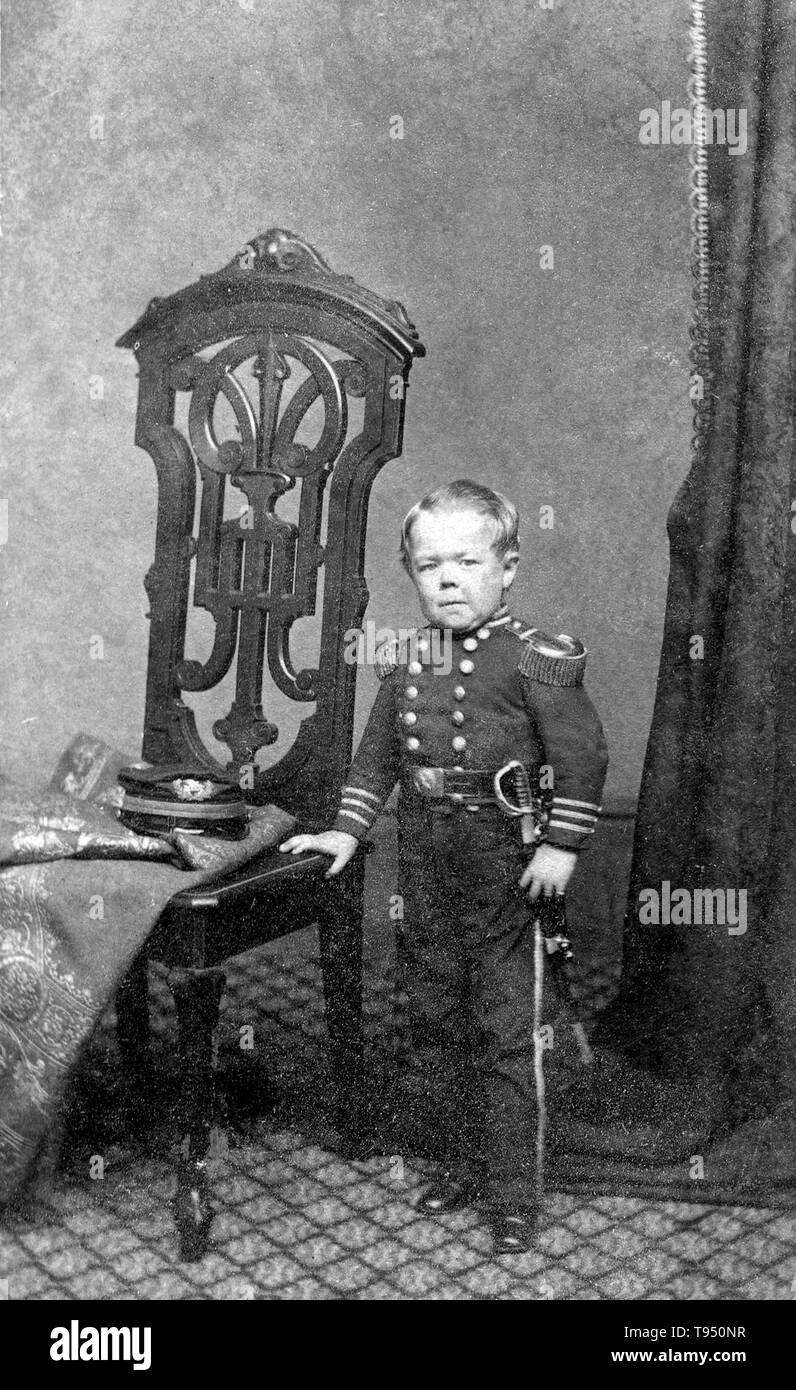 Commodore Nutt (George Washington Morrison Nutt April 1, 1848 - May 25, 1881) was an American dwarf entertainer. In 1861, he was touring New England with a circus when P. T. Barnum hired him to appear at the American Museum in New York City. Barnum gave Nutt the stage name Commodore Nutt, a wardrobe that included naval uniforms, and a miniature carriage in the shape of an English walnut. Nutt became one of the Museum's major attractions. Stock Photo