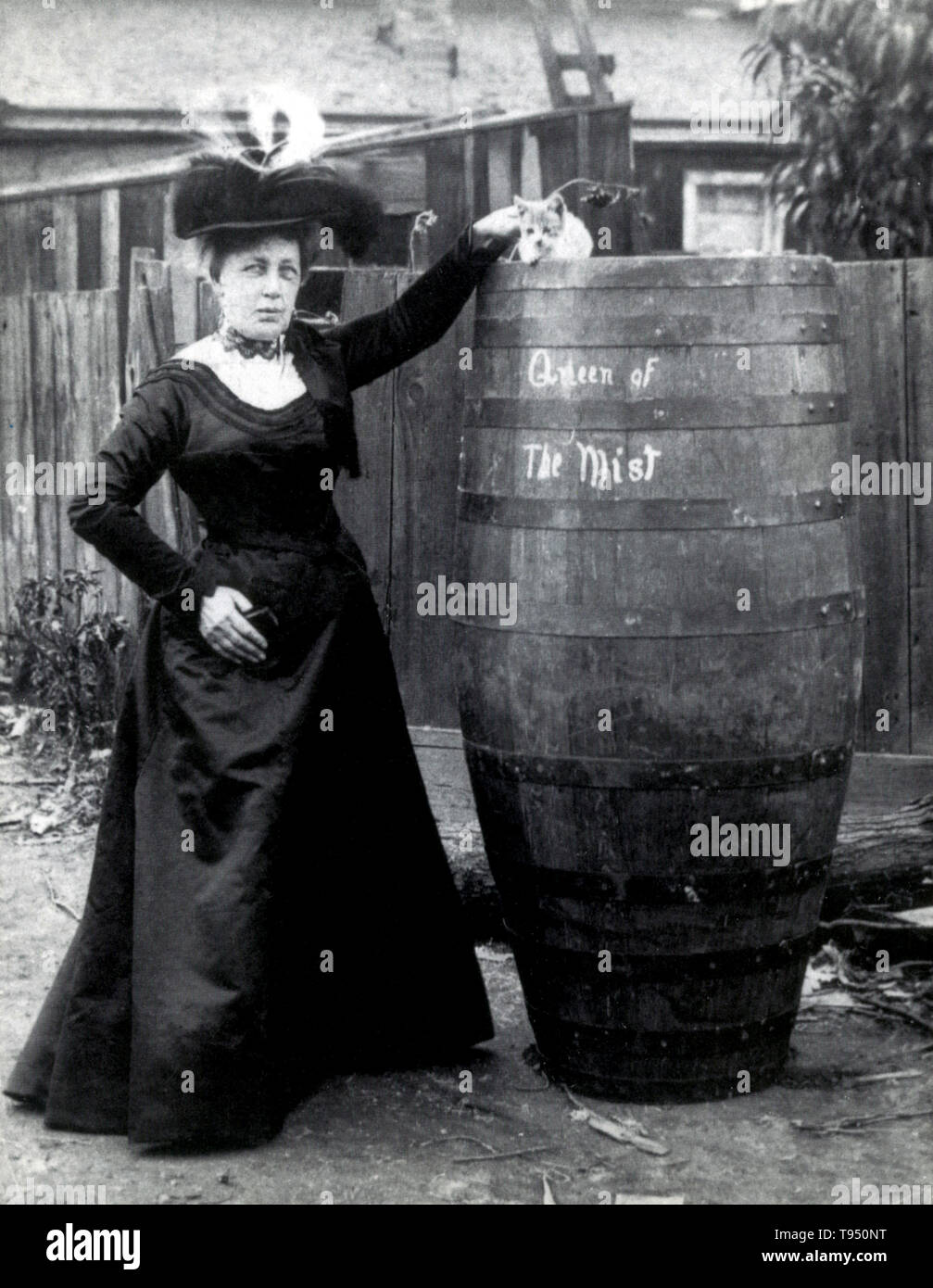 Annie Edson Taylor (October 24, 1838 - April 29, 1921) was an American teacher. Desiring to secure her later years financially, she decided she would be the first person to ride over Niagara Falls in a barrel. Taylor used a custom-made barrel for her trip, constructed of oak and iron and padded with a mattress. On October 24, 1901, her 63rd birthday, the barrel was put over the side of a rowboat, and Taylor climbed in, along with her lucky heart-shaped pillow. Stock Photo