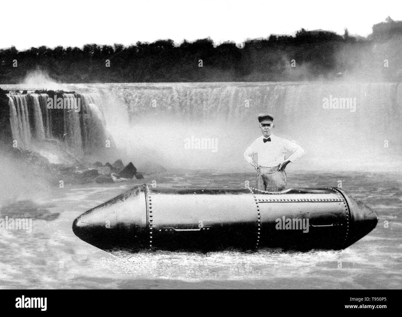 Bobby Leach (1858 - April 26, 1926) was the second person to go over Niagara Falls in a barrel, after Annie Taylor, and the first man to do so, accomplishing the feat on July 25, 1911. He spent six months in the hospital recovering from injuries he sustained during the fall, which included two broken knee caps and a fractured jaw. He had been a performer with the Barnum and Bailey Circus and was no stranger to stunting. Stock Photo