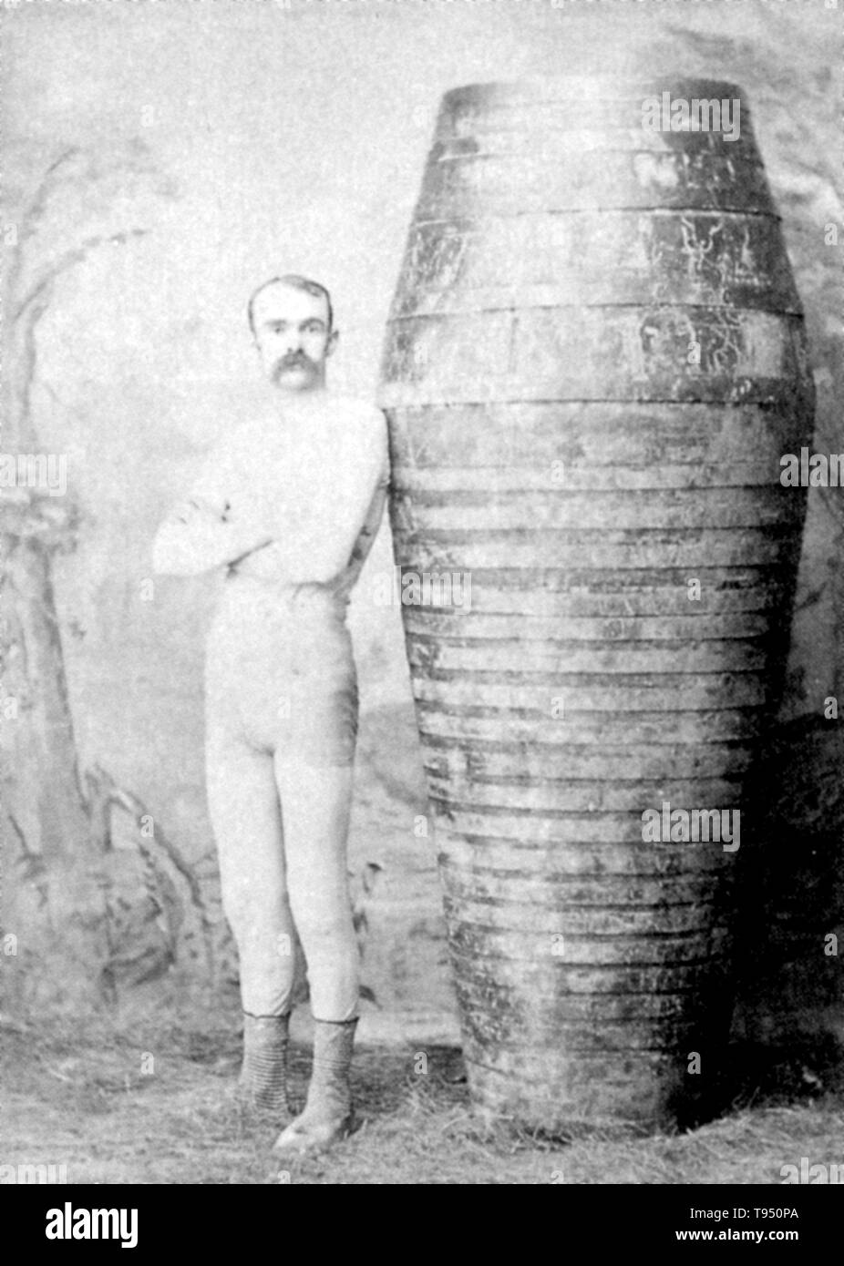 Charles Stephens or Demon Barber of Bedminster (1862 - July 11, 1920) was an English daredevil. A barber living and working in Bristol, he started performing stunts to support his family, which included his wife, Annie, and their 11 children. Stephens went over the Falls in an oak barrel using an anvil for ballast; this proved to be fatal. He ignored warnings from his advisers, fellow Niagara daredevils, Bobby Leach and William 'Red' Hill, Sr. Stock Photo
