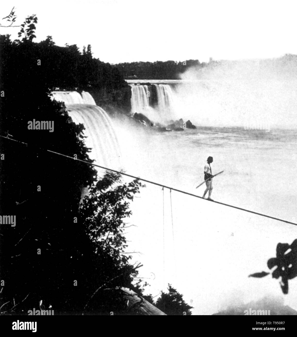 Henry Bellini (1841 - 1888) was an English tightrope walker. In 1873, at the age of 32, he went to Niagara Falls. On August 25th 1873, he made his first tight rope walk across the Niagara River using a 1,500 foot long - 2.5 inch diameter rope weighing 2,500 pounds. He combined a tight rope walk with a leap into the churning river below. He tried crossing using a 48 pound - 22 foot long balance pole. Following his leap into the water, Bellini was picked up by an awaiting boat. Stock Photo