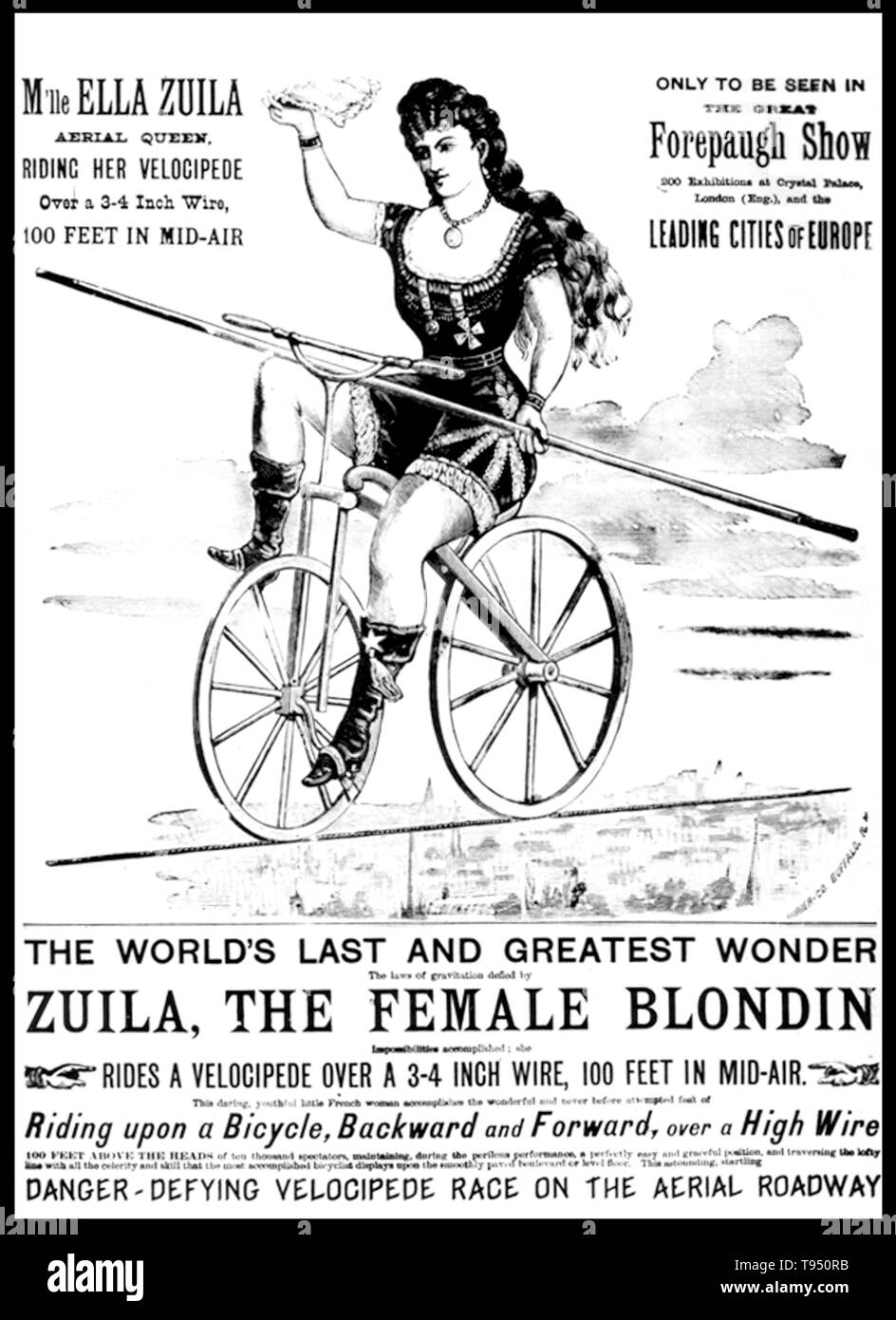 Ella Zuila (died 1926) was the most famous Australian public entertainer of her time. Ella didn't just walk the wire; she cycled it; wheeled a child over it in a barrow; walked it in stilts and with a full-body blindfold, and, on one memorable occasion, hung from it by her knees to catch her fired-out-of-a-cannon husband, George Royal. Her career came to a tragic end in Dublin, on August 26, 1904, when she and her tricycle fell off the high wire in the Round Room of the Rotunda. There was no safety net, and she was too badly injured ever to perform again. She died in 1926. Stock Photo