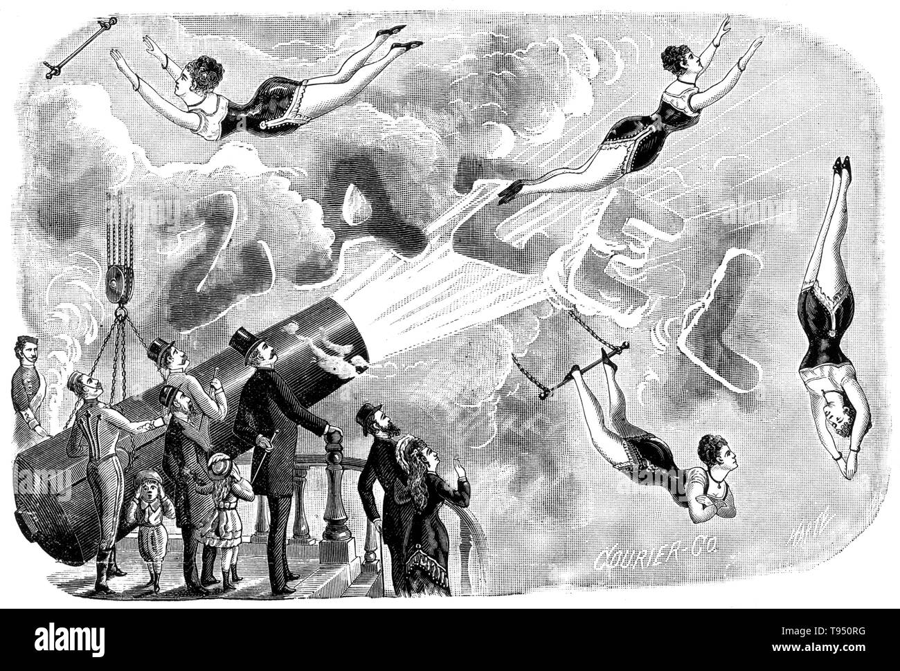 Rossa Matilda Richter (1863 - 1937), AKA Zazel, was an English trapeze artist. In 1871, William Leonard Hunt developed a mechanism he called a 'projector.' Made out of heavy springs and Indian rubber, it shot a person forward, employing a gunpowder-based explosion only for effect. Richter's first performance of the stunt was on April 10, 1877, at the Royal Aquarium in London. She traveled 20 feet and landed in a net. Stock Photo