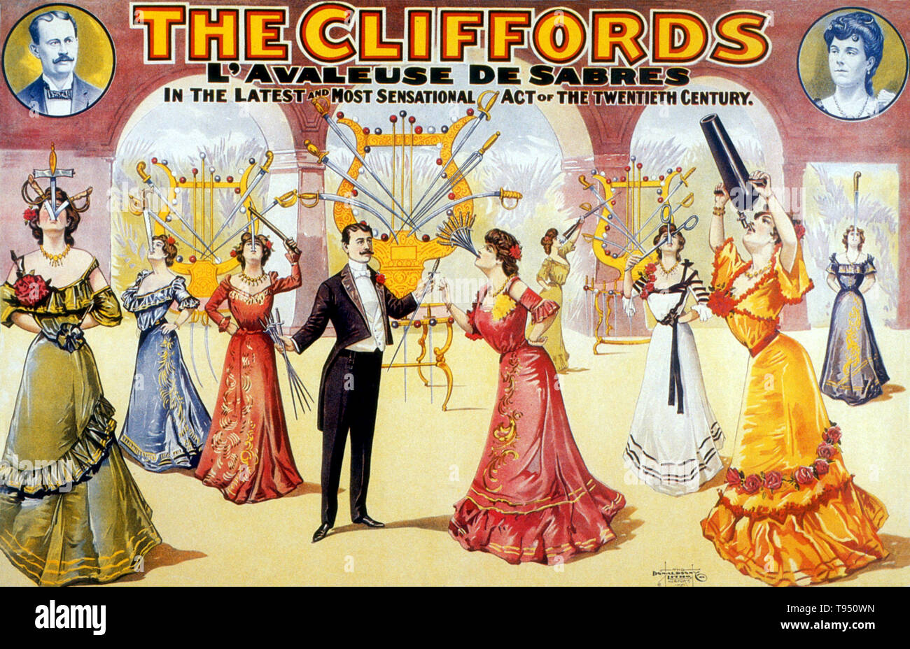 Edith Clifford (1886 - 1942) began her career in 1899 after being trained by the veteran one-legged sword swallower Deln Ritz. She debuted with one of the Ringling Brothers' touring shows at the age of 13. Her act would change and evolve over the years, but it eventually came to include swallowing razors, scissors, bayonets, curved blades, and up to 13 swords at once, with blades up to 26 inches long. Stock Photo