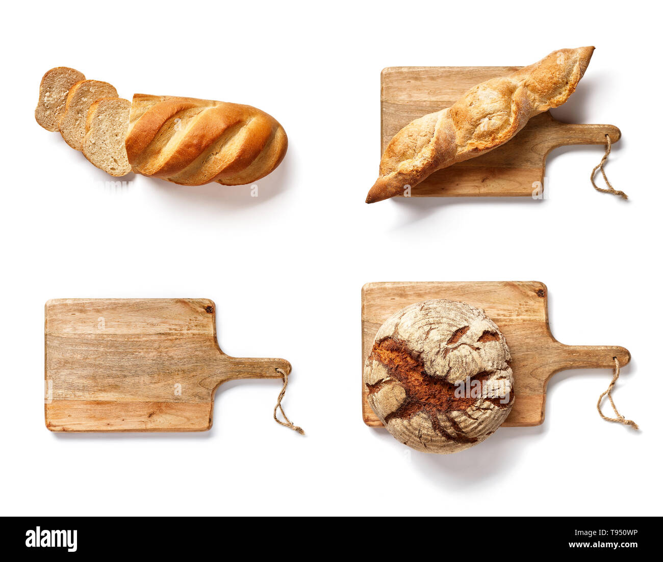 Bakery mockup. Set of baked breads on wooden cutting board isolated