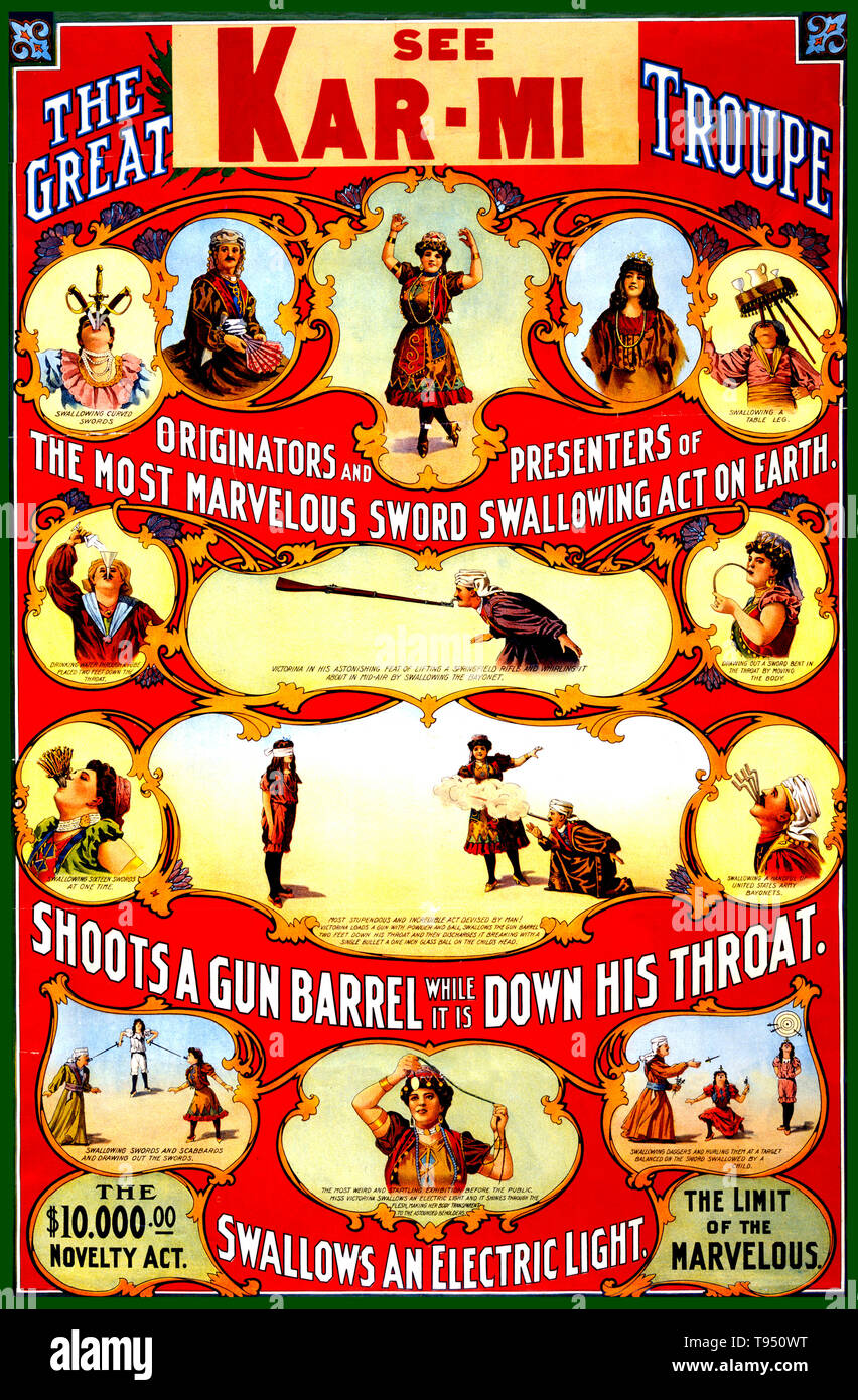 Entitled: 'See Kar-Mi. Originators and presenters of the most marvelous sword swallowing act on earth.' Joseph Hollingsworth (1872 - 1956) was an American vaudevillian who billed himself and his troupe under a variety of names; Joe van Victorina, Victorina, Kar-Mi, the Victorinas, and Victorina Troupe. His act included magic, sword swallowing and sharpshooting tricks. He retired from vaudeville during the 1930s, when he was in his 60's. He died in 1956 at the age of 84. Donaldson Lithograph Company, 1900s. Stock Photo
