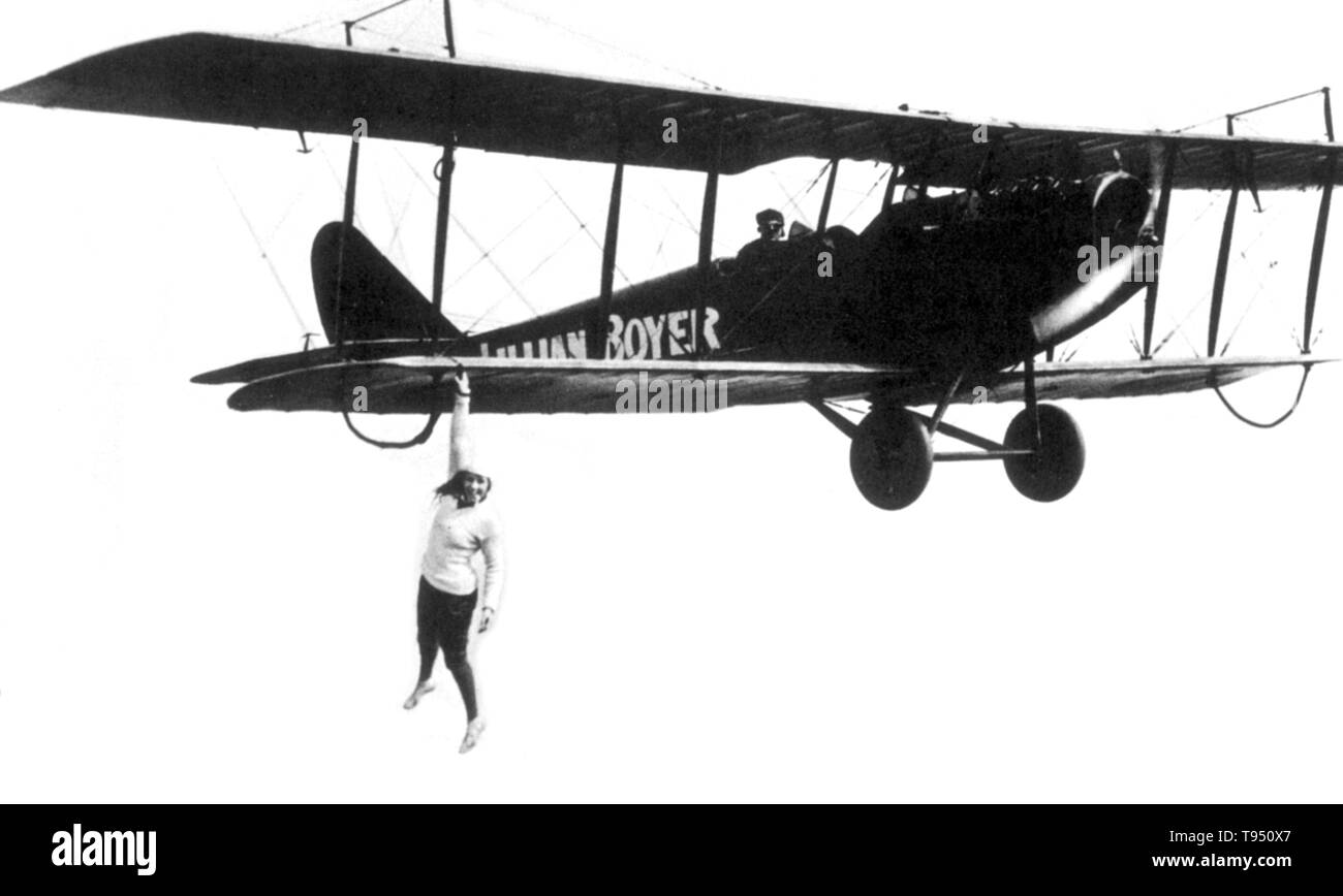 Lillian Boyer (January 15, 1901 - February 1, 1989) was an American wing walker. Working as a restaurant waitress but eager to fly in an airplane, in 1921 Boyer was invited by two restaurant customers to take an airplane ride. On her second flight, she climbed out on the wing, beginning her career as an aerial performer. In December 1921, she began training with pilot Lt. Billy Brock, former WWI pilot and barnstormer. Stock Photo