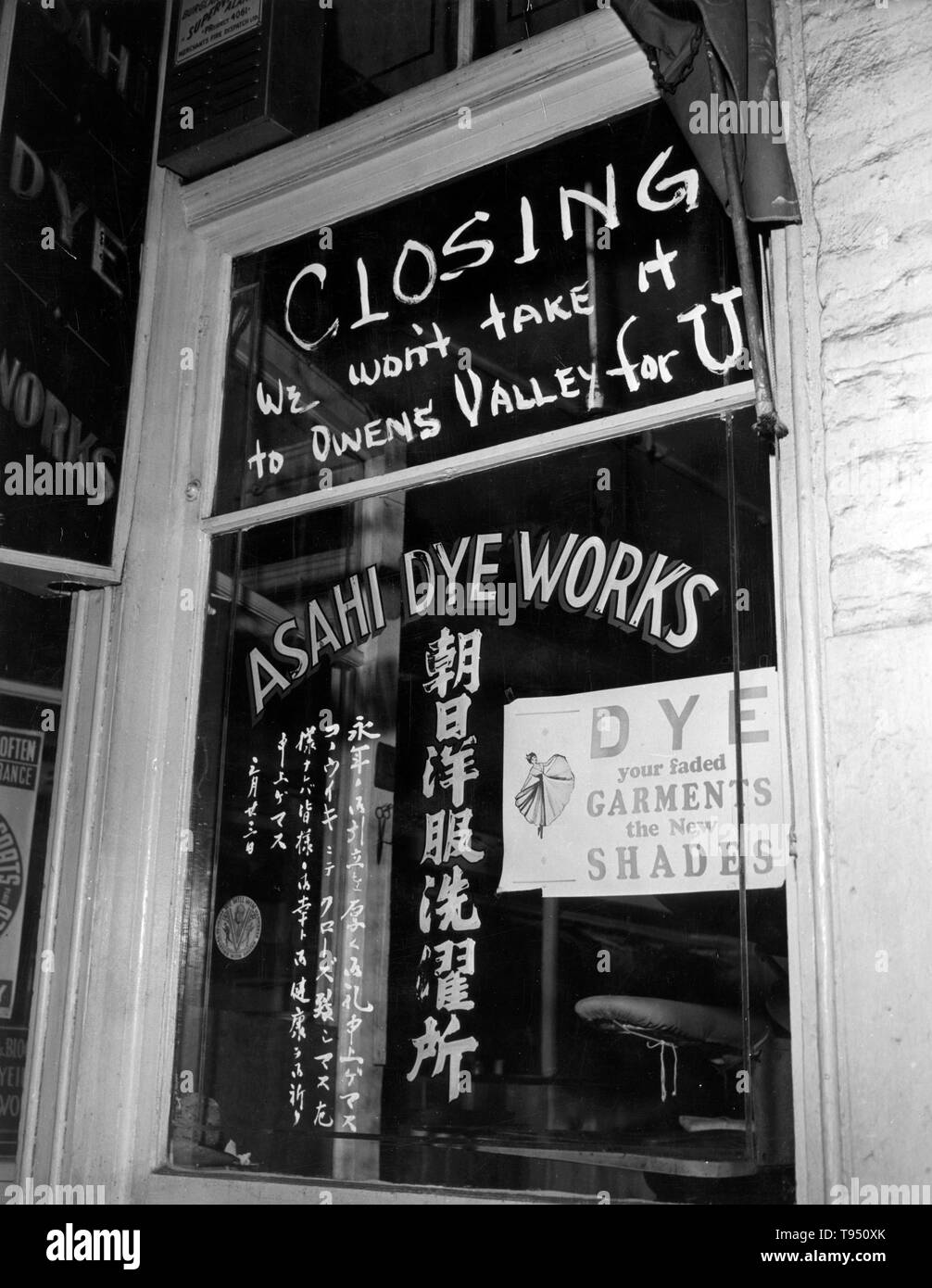 Entitled: 'Shop window of Asahi Dye Works with sign reading: 'Closing, we won't take it to Owens Valley for U', Little Tokyo, Los Angeles. The internment of Japanese-Americans during WWII was the forced relocation and incarceration in camps of 110,000-120,000 people of Japanese ancestry (62% of the internees were US citizens) ordered by President Roosevelt shortly after Japan's attack on Pearl Harbor. Stock Photo
