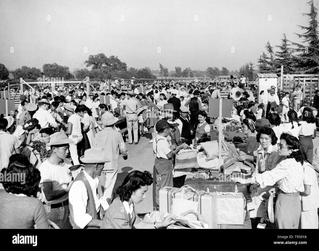 Entitled: 'Family groups identifying their hand baggage prior to departure from the Assembly Center at Santa Anita, California.' The internment of Japanese-Americans during WWII was the forced relocation and incarceration in camps of 110,000-120,000 people of Japanese ancestry (62% of the internees were US citizens) ordered by President Roosevelt shortly after Japan's attack on Pearl Harbor. Japanese-Americans were incarcerated based on local population concentrations and regional politics. Stock Photo