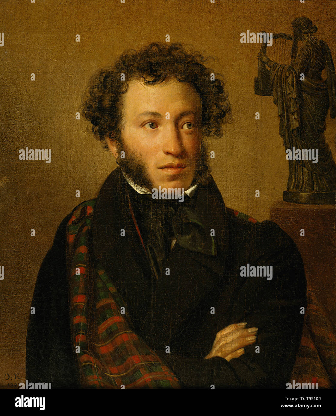 Pushkin portrait by Orest Kiprensky, 1827. Alexander Sergeyevich Pushkin (June 6, 1799 - February 10, 1837) was a Russian poet, playwright, and novelist of the Romantic era, considered by many to be the greatest Russian poet and the founder of modern Russian literature. Pushkin was born into Russian nobility in Moscow. He published his first poem at the age of 15, and was widely recognized by the literary establishment by the time of his graduation from the Tsarskoye Selo Lyceum. Stock Photo