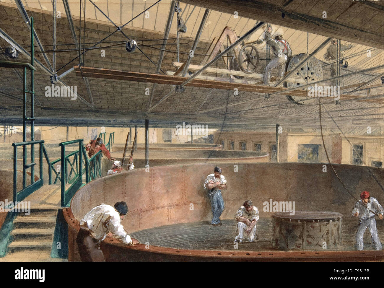 Coiling the Cable in the Large Tanks at the Works of the Telegraph Construction and Maintenance Company of Greenwich, (1865-66), by Robert Charles Dudley (British, 1826-1909). One of the 19th century's great technological achievements was to lay a telegraphic cable beneath the Atlantic, allowing messages to speed back and forth between North America and Europe in minutes, rather than ten or twelve days by steamer. An initially successful attempt in 1858, led by Cyrus W. Stock Photo