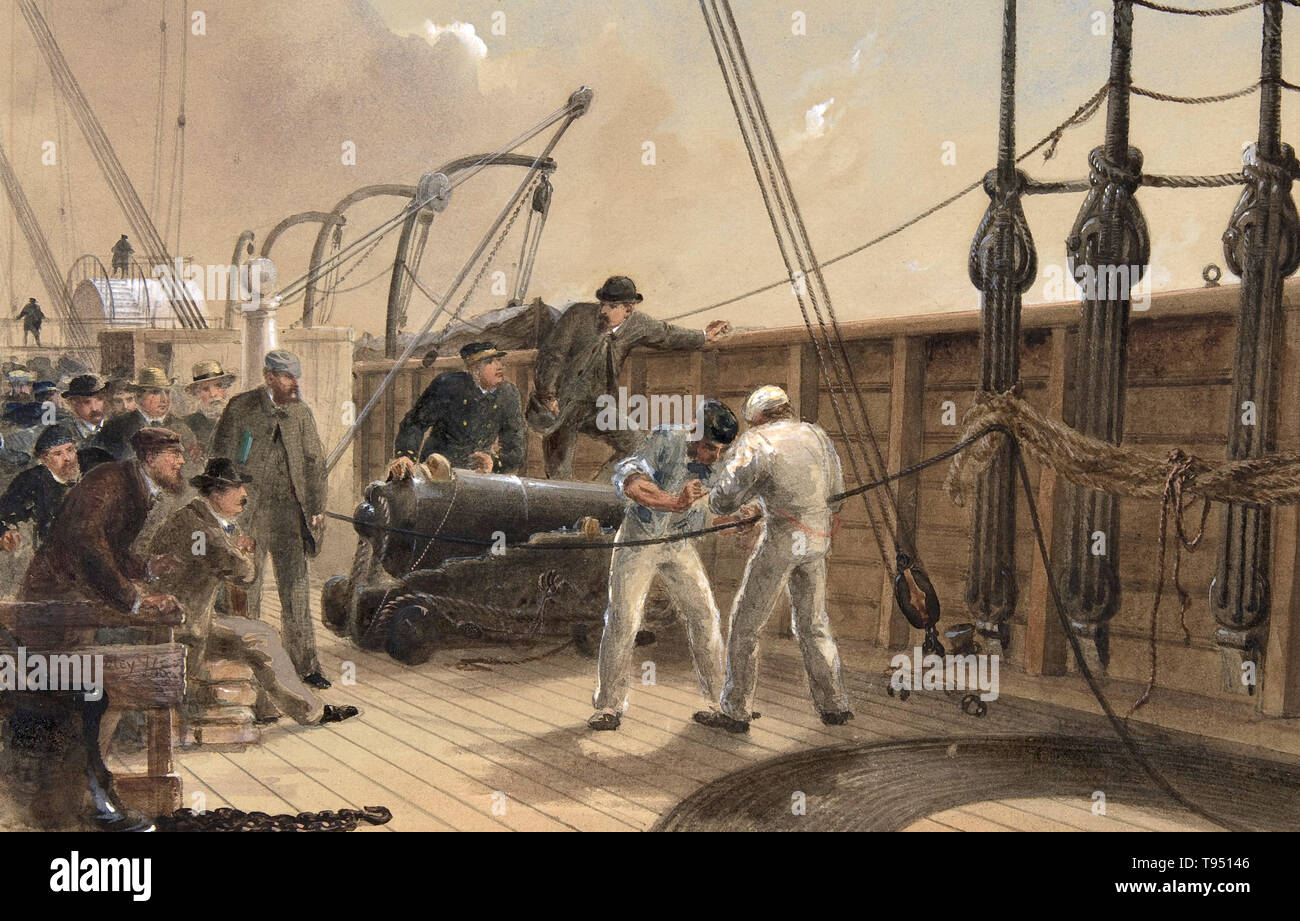 Splicing the Cable (after the First Accident) on Board the Great Eastern, July 25th, 1865, by Robert Charles Dudley (British, 1826-1909). One of the 19th century's great technological achievements was to lay a telegraphic cable beneath the Atlantic, allowing messages to speed back and forth between North America and Europe in minutes, rather than ten or twelve days by steamer. An initially successful attempt in 1858, led by Cyrus W. Stock Photo