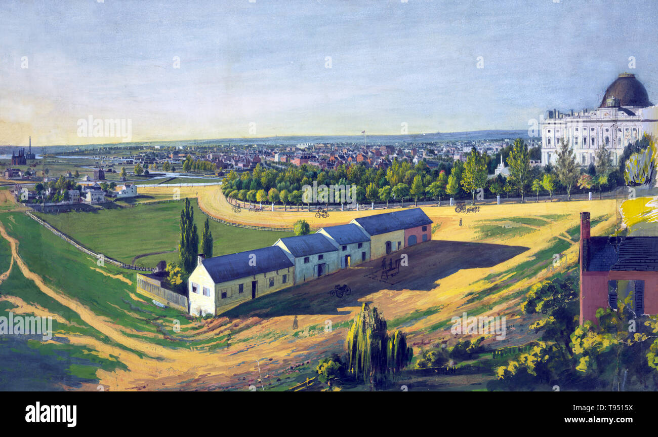 View of Washington, D.C., looking northwest from southeast of the U.S. Capitol, c. 1846-1855. The drawing shows stables in the foreground and a view of the city of Washington from southeast, with the United States Capitol on the right, the White House in center background, and the Smithsonian castle and Washington Monument on the left. Augustus Kollner, artist, 1813-1906. Watercolor and gouache. Stock Photo