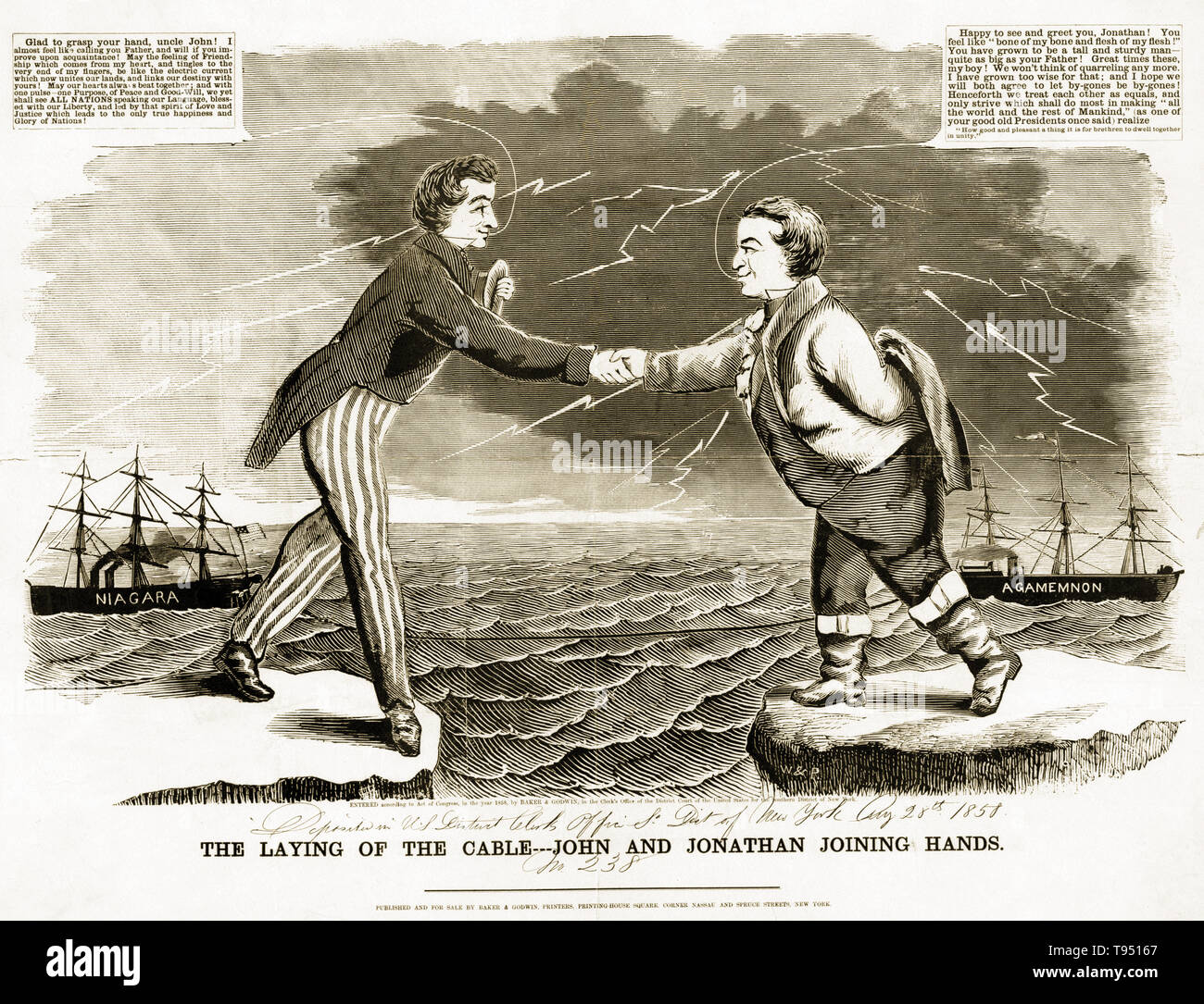 The Laying of the Cable: John and Jonathon Joining Hands. One of the 19th century's great technological achievements was to lay a telegraphic cable beneath the Atlantic, allowing messages to speed back and forth between North America and Europe in minutes, rather than ten or twelve days by steamer. An initially successful attempt in 1858, led by Cyrus W. Field and financed by the Atlantic Telegraph Company, failed after three weeks. Stock Photo