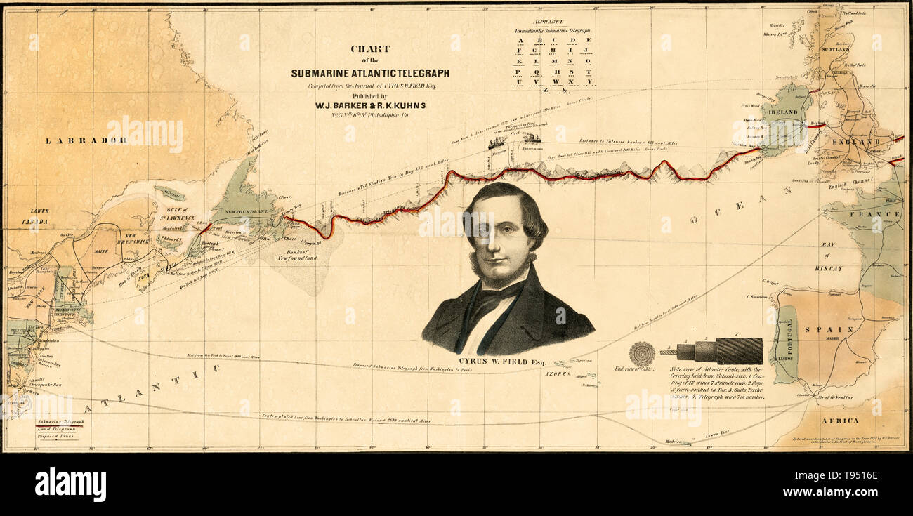 Chart of the path of the first transatlantic telegraph cable, laid in 1858. One of the 19th century's great technological achievements was to lay a telegraphic cable beneath the Atlantic, allowing messages to speed back and forth between North America and Europe in minutes, rather than ten or twelve days by steamer. An initially successful attempt in 1858, led by Cyrus W. Field (portrait on map) and financed by the Atlantic Telegraph Company, failed after three weeks. Stock Photo