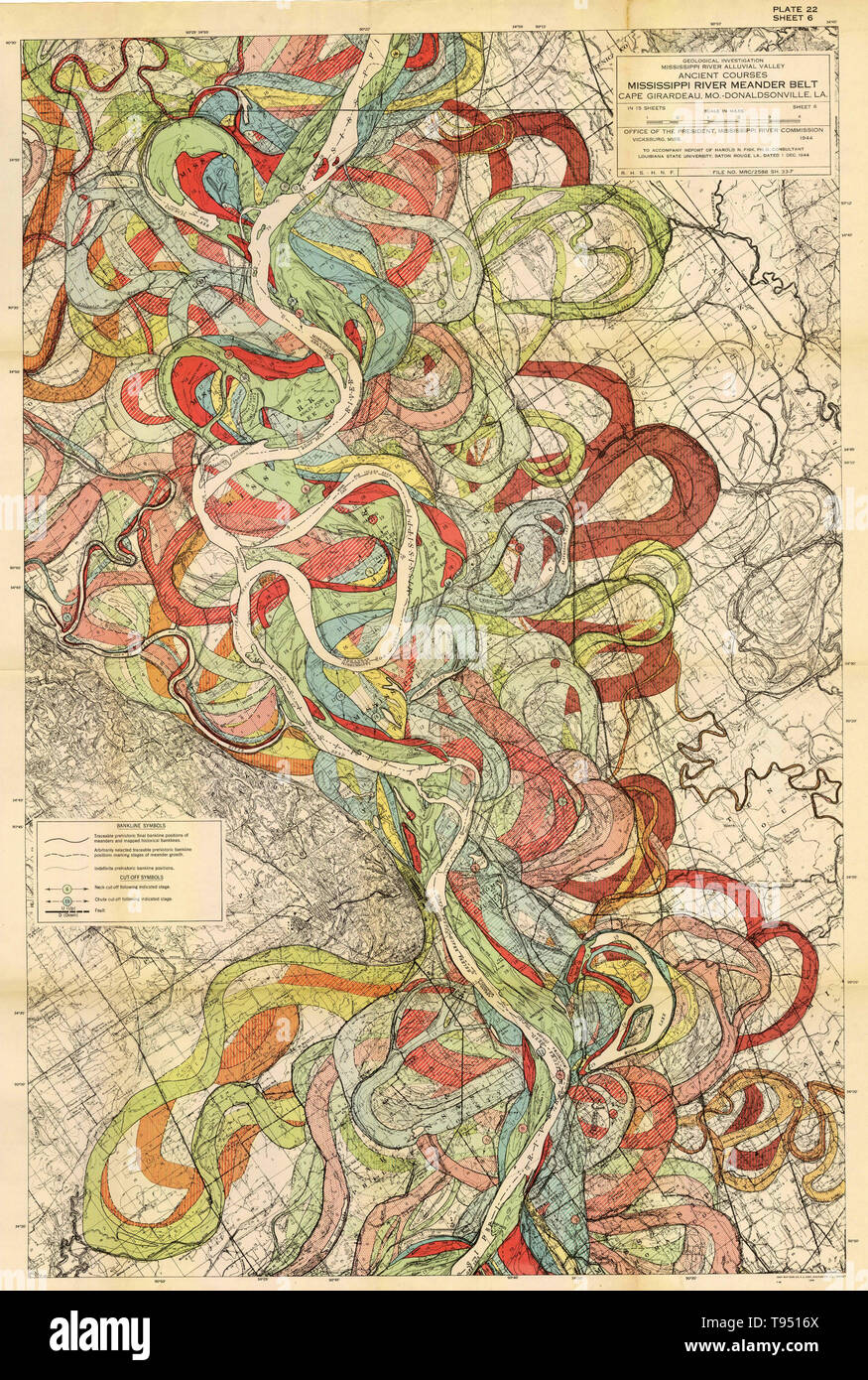 Ancient courses of the Mississippi River Meander Belt, from Cape Girardeau, MO to Donaldsonville LA. Created by Harold Fisk and published by the Army Corp as part of a geological investigation into the Mississippi River Alluvial Valley, 1944. Stock Photo