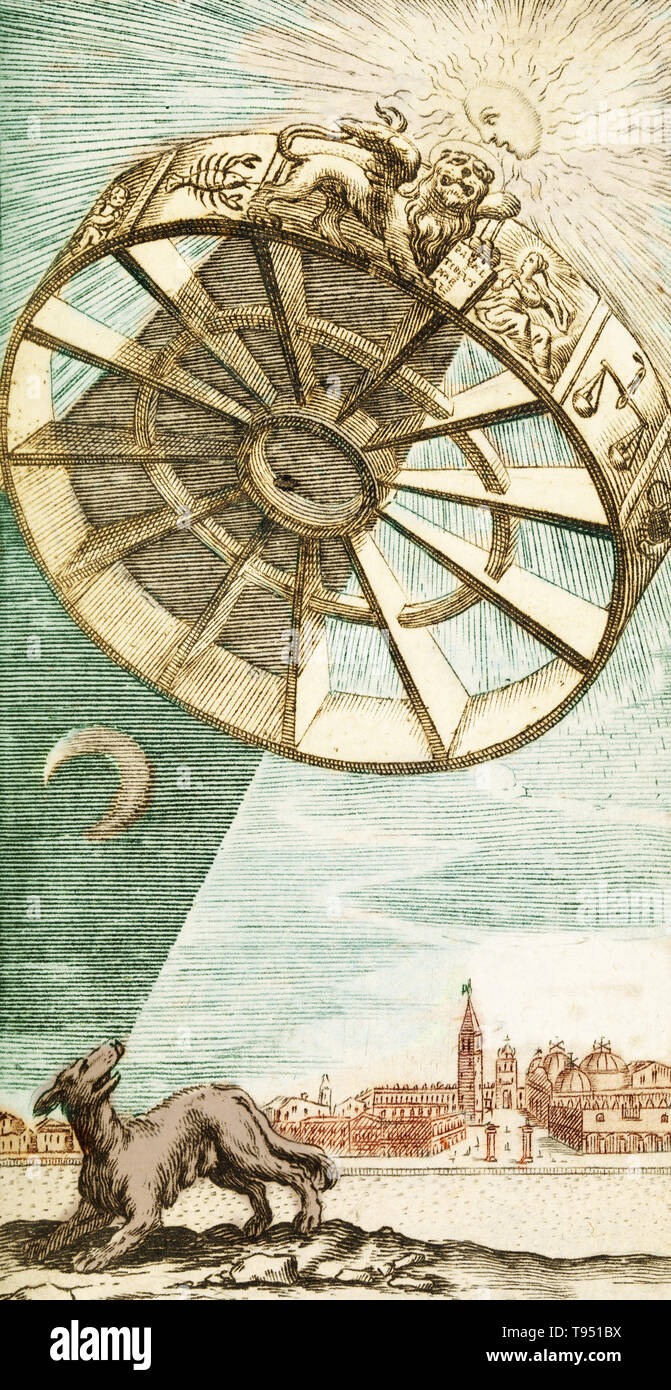 A dog looking skyward as a wheel of fortune descends toward him from the sun, 1657. The wheel of fortune was a popular idea in medieval thought. Fortune was often personified as a woman turning a wheel that could bring a king low and raise high a beggar. In the medieval view, ever-shifting fortune should be ignored in favor of eternal truths. This wheel of fortune contains symbols of the zodiac. Stock Photo