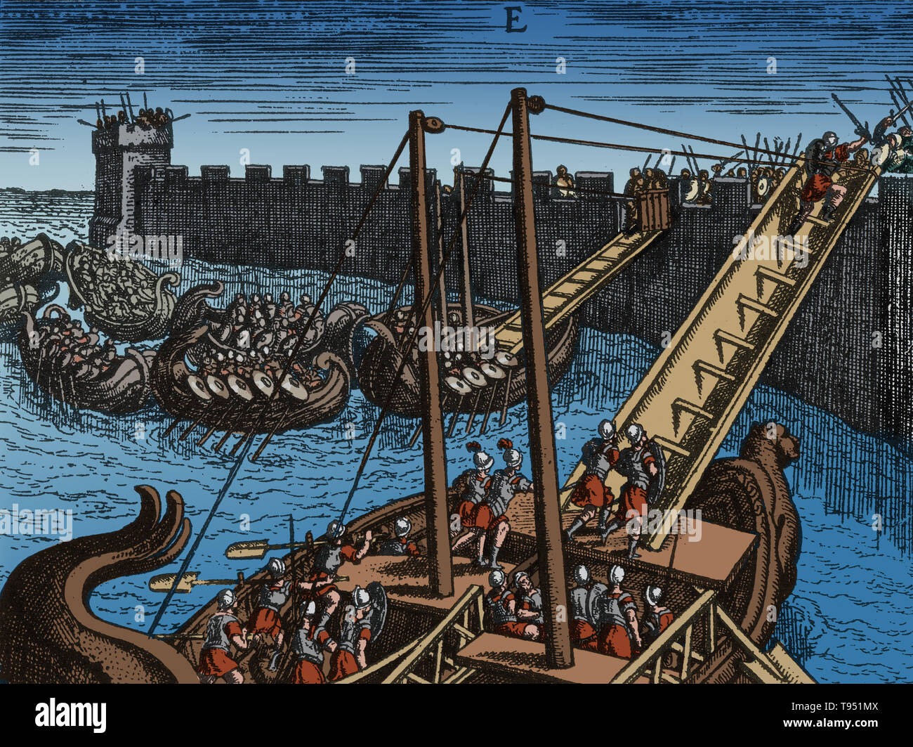Roman soldiers scaling the walls of a fortress using ladders mounted on boats. Image taken from 'Poliorceticon sive de machinis tormentis telis' by Justus Lipsius (Joost Lips), 1602 edition. The Romans designed weaponry that both gave some protection to their men but also were designed to smash into fortifications. Siege towers were used to get troops over an enemy curtain wall. When a siege tower was near a wall, it would drop a gangplank between it and the wall. Stock Photo