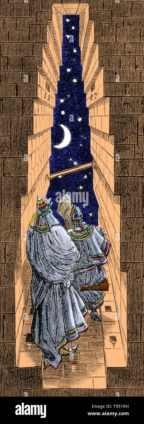 Ancient Egyptian astronomer-priests using the Great Pyramid of Giza as an observatory. Egyptian pyramids were carefully aligned towards the pole star. The Great Pyramid of Giza (the Pyramid of Khufu or the Pyramid of Cheops) is the oldest and largest of the three pyramids in the Giza Necropolis. It is the oldest of the Seven Wonders of the Ancient World, and the only one to remain largely intact. Egyptologists believe that the pyramid was built as a tomb for fourth dynasty Egyptian Pharaoh Khufu over a 10 to 20-year period concluding around 2560 BC. This image has been colorized. Stock Photo