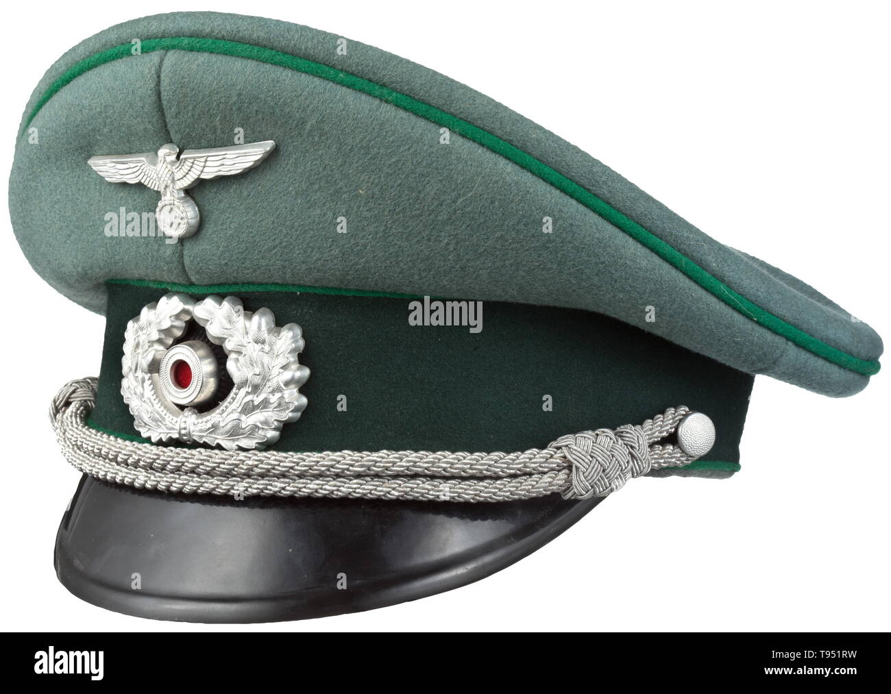 A visor cap for officers of Jäger troops fabricated by Gebrüder Gollhofer, Salzburg Private purchase piece in fine field-grey woollen cloth, dark green trim band and piping, beige silk liner, beneath the cap trapezoid maker's imprint 'Gebrüder Gollhofer Salzburg Getreidegasse 10 Frischluft D.R.G.M. 1419757', brown leather sweatband, visor of vulcanised fibre, aluminium insignia, officer's cord. Little used with light signs of age. historic, historical, army, armies, armed forces, military, militaria, object, objects, stills, clipping, clippings, cut out, cut-out, cut-outs, , Editorial-Use-Only Stock Photo