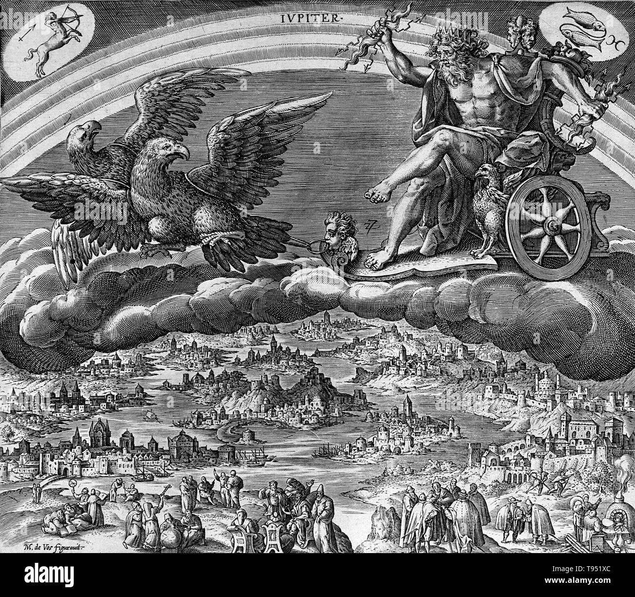 Jupiter in his chariot drawn by eagles. In ancient Roman religion and myth, Jupiter or Jove is the king of the gods and the god of sky and thunder. Jupiter was the chief deity of Roman state religion throughout the Republican and Imperial eras, until Christianity became the dominant religion of the Empire. He is usually thought to have originated as a sky god. Stock Photo