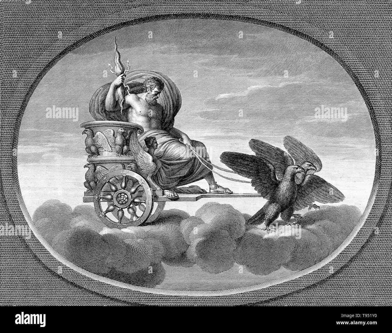 Jupiter in his chariot, drawn by a pair of eagles. In ancient Roman religion and myth, Jupiter or Jove is the king of the gods and the god of sky and thunder. Jupiter was the chief deity of Roman state religion throughout the Republican and Imperial eras, until Christianity became the dominant religion of the Empire. He is usually thought to have originated as a sky god. Stock Photo