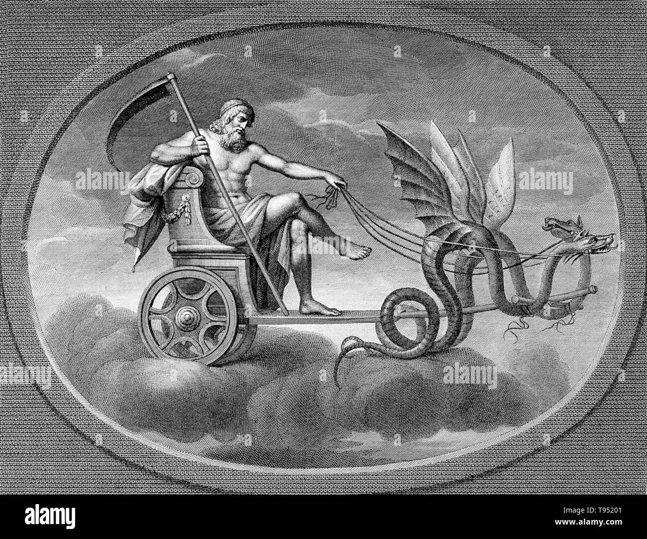 Saturn with his scythe, riding in his chariot. Saturn was a god in ancient Roman religion and a character in myth. He was the first god of the Capitol, known since the most ancient times as Saturnius Mons, and was seen as a god of generation, dissolution, plenty, wealth, agriculture, periodical renewal and liberation. In later developments he came to be also a god of time. His reign was depicted as a Golden Age of plenty and peace. Stock Photo
