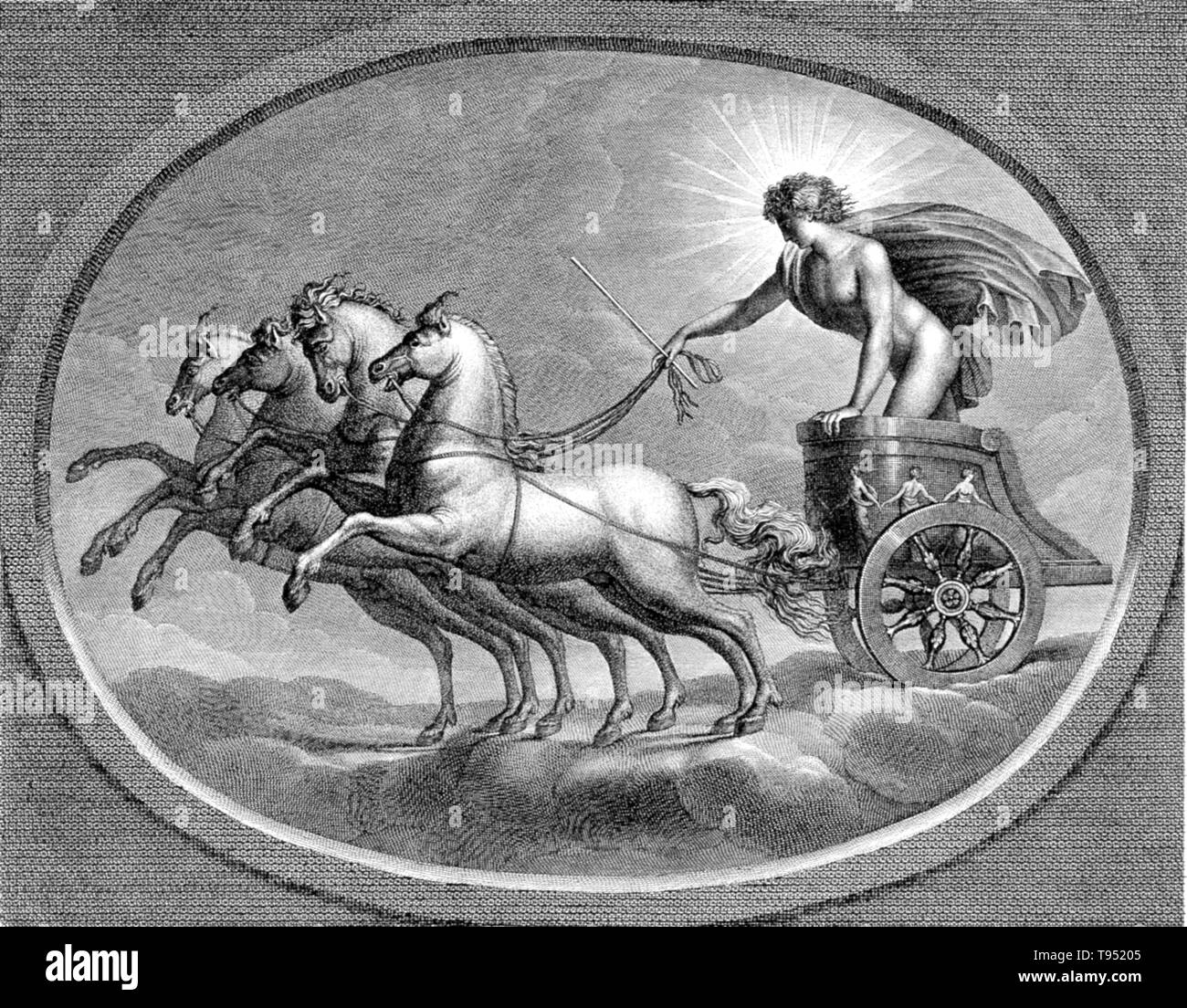 Sol in his chariot, riding across the heavens. Sol was the solar deity in Ancient Roman religion. It was long thought that Rome actually had two different, consecutive sun gods. The first, Sol Indiges, was thought to have been unimportant, disappearing altogether at an early period. Only in the late Roman Empire, scholars argued, did solar cult re-appear with the arrival in Rome of the Syrian Sol Invictus, perhaps under the influence of the Mithraic mysteries. Stock Photo