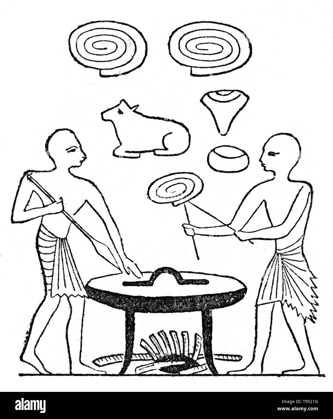 The cuisine of ancient Egypt covers a span of over three thousand years, but still retained many consistent traits until well into Greco-Roman times. The staples of both poor and wealthy Egyptians were bread and beer, often accompanied by green-shooted onions, other vegetables, and to a lesser extent meat, game and fish. Food could be prepared by stewing, baking, boiling, grilling, frying, or roasting. Stock Photo