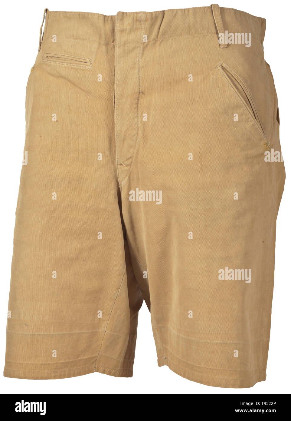 A pair of short summer trousers of the HJ Sand-coloured cotton twill with sheet metal buttons and white cotton liner. The two hip pockets with knife pleats and closure flaps. historic, historical, 20th century, Additional-Rights-Clearance-Info-Not-Available Stock Photo