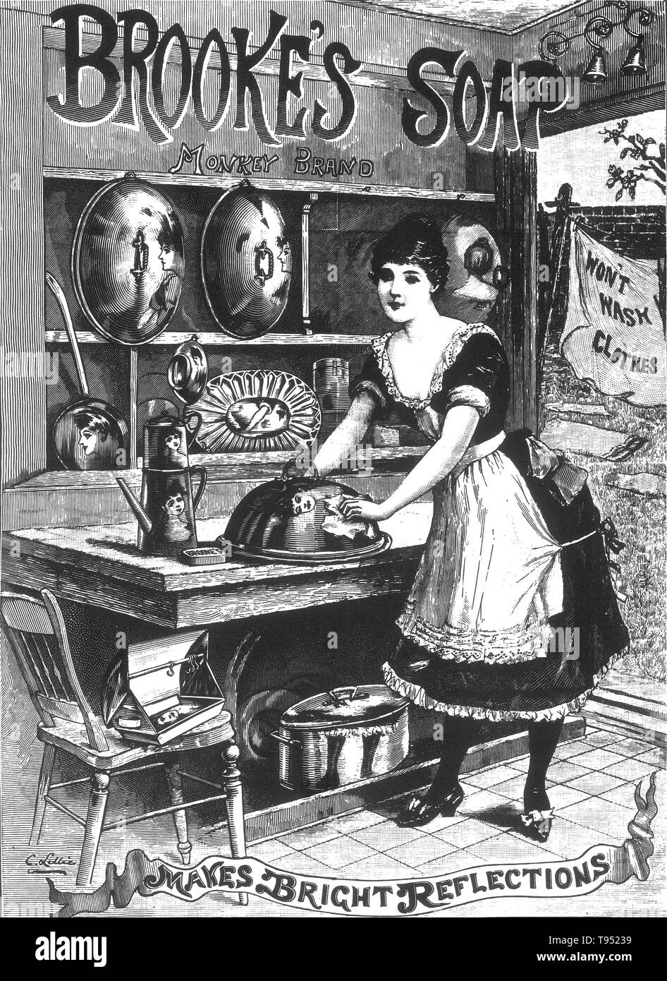 Monkey Brand soap was introduced in the 1880s as a household scouring and polishing soap, in cake/bar form. A firm owned by Sidney and Henry Gross, had produced and sold the soap in Philadelphia, USA. The soap's highly abrasive agent was pumice. Lever Brothers bought the company in 1899 and transferred the production of Monkey Brand soap to Port Sunlight. The name Brooke was used to promote the Monkey Brand soap both in the States and in Britain. Stock Photo