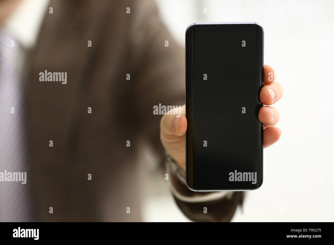 Male Arm In Suit Show In Camera Phone Display Screen Closeup Read News Mania Send Sms Chat Addict Use Electronic Bank Modern Lifestyle Job Plan Colle Stock Photo Alamy