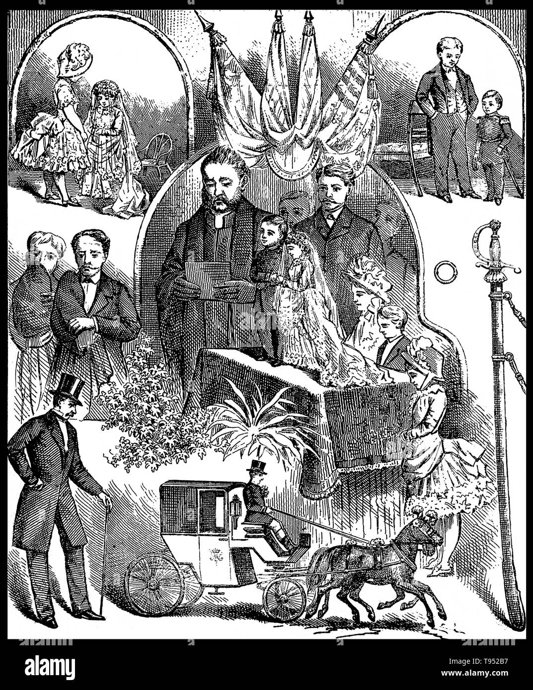 Four vignettes of the marriage of General Tom Thumb to Miss Warren. Charles Sherwood Stratton (January 4, 1838 - July 15, 1883), 'General Tom Thumb', was an American dwarf performer. P.T. Barnum, a distant relative (half fifth cousin, twice removed), heard about Stratton and after contacting his parents, taught the boy how to sing, dance, mime, and impersonate famous people. Barnum took young Stratton on a tour of Europe, making him an international celebrity. Stock Photo