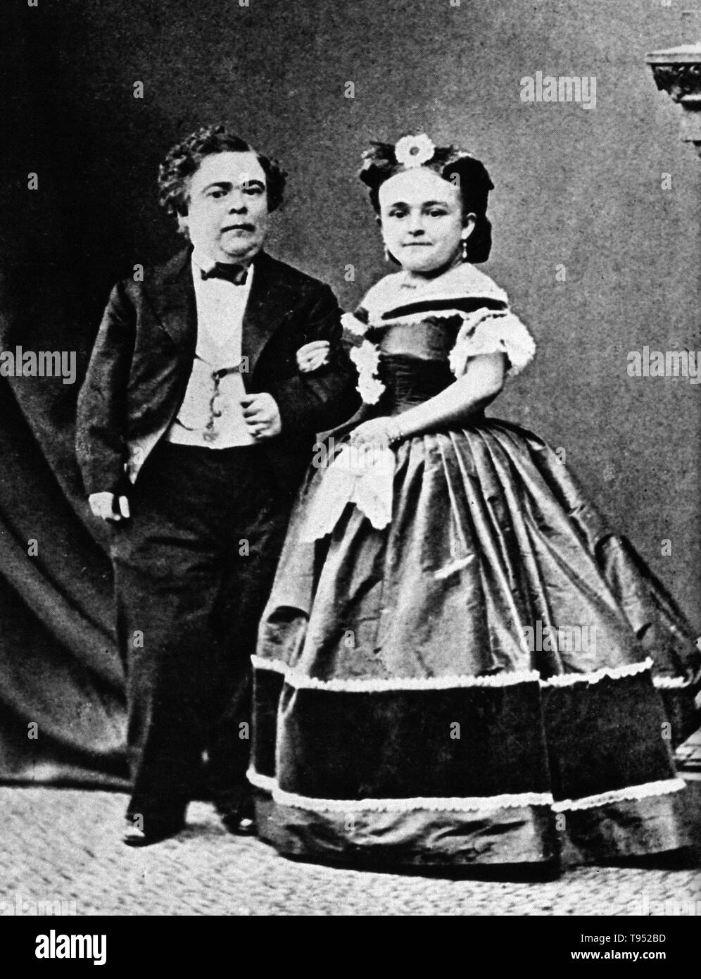 Charles Sherwood Stratton (January 4, 1838 - July 15, 1883), 'General Tom Thumb', was an American dwarf performer. P.T. Barnum, a distant relative (half fifth cousin, twice removed), heard about Stratton and after contacting his parents, taught the boy how to sing, dance, mime, and impersonate famous people. Barnum took young Stratton on a tour of Europe, making him an international celebrity. Stock Photo