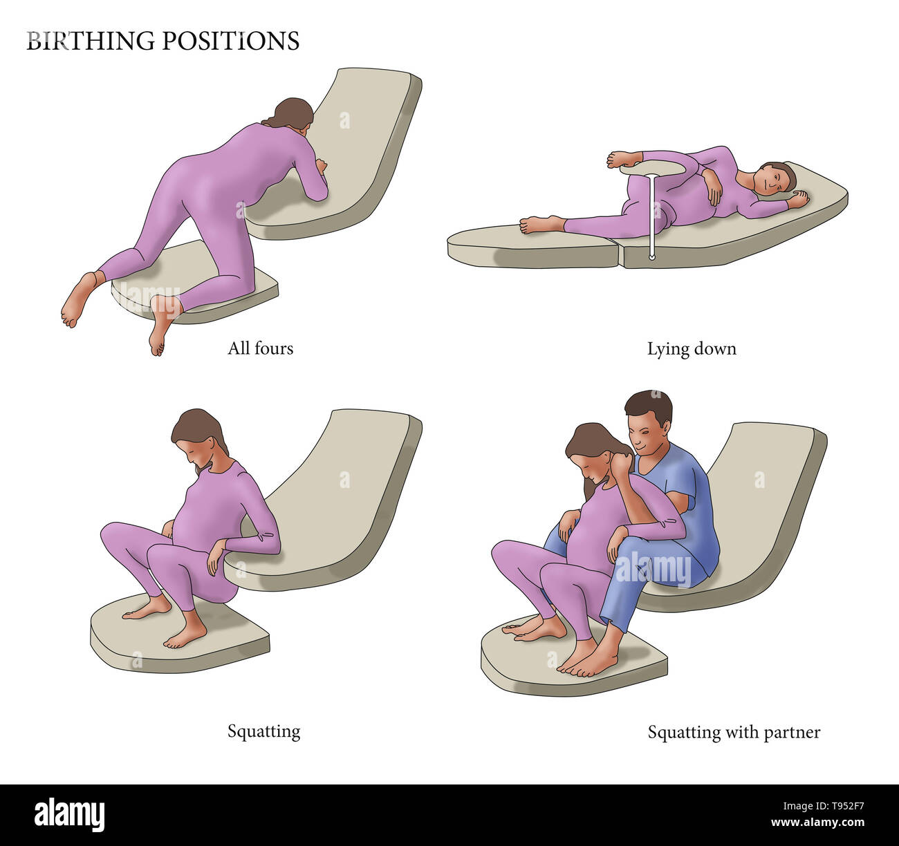 Illustration of four different birthing positions: all fours, lying down, s...