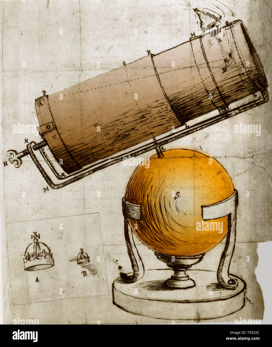 Reflecting telescope. Invented and drawn by Isaac Newton (1642–1726/1727). Stock Photo