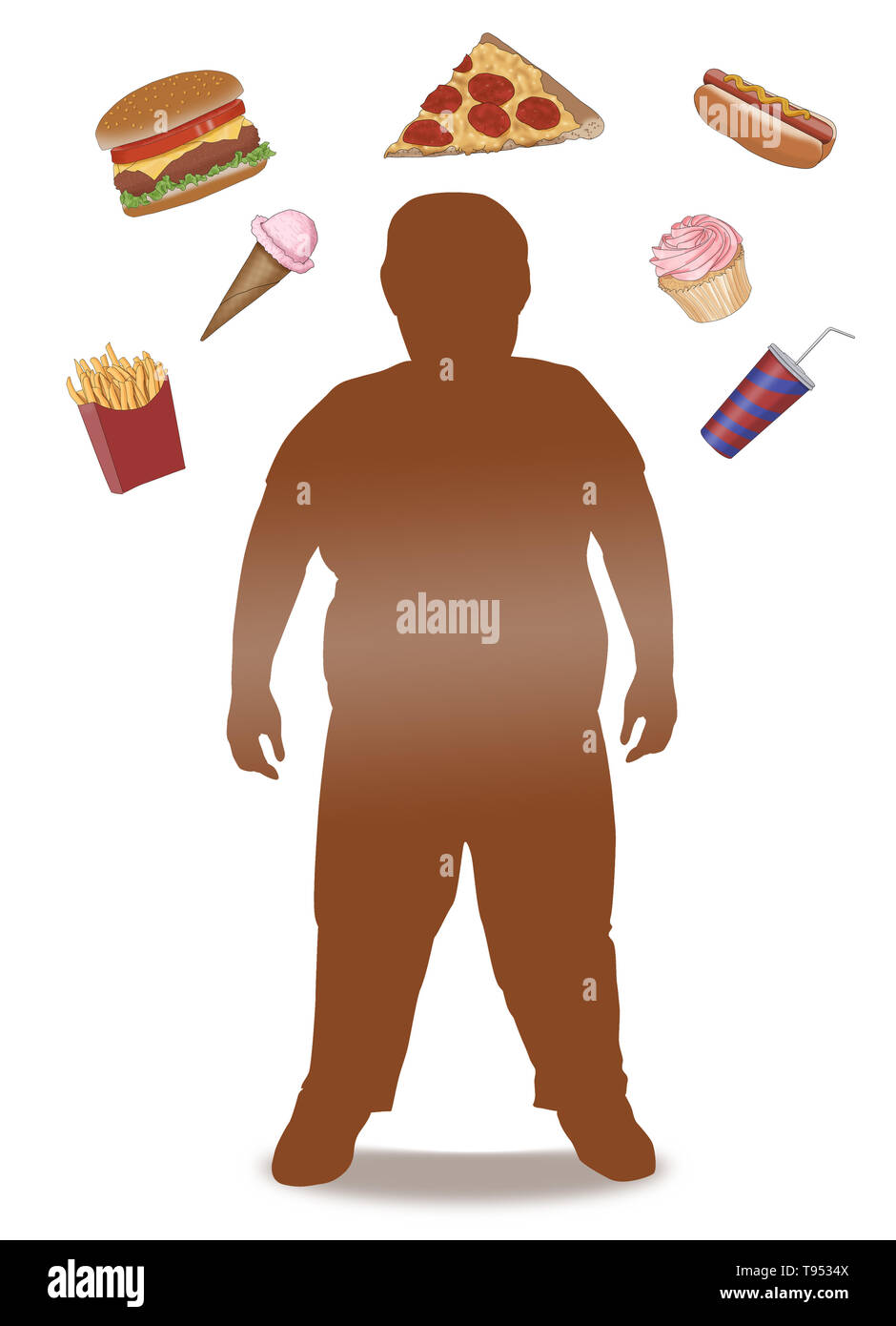 An illustration of an obese child surrounded by junk food. Stock Photo